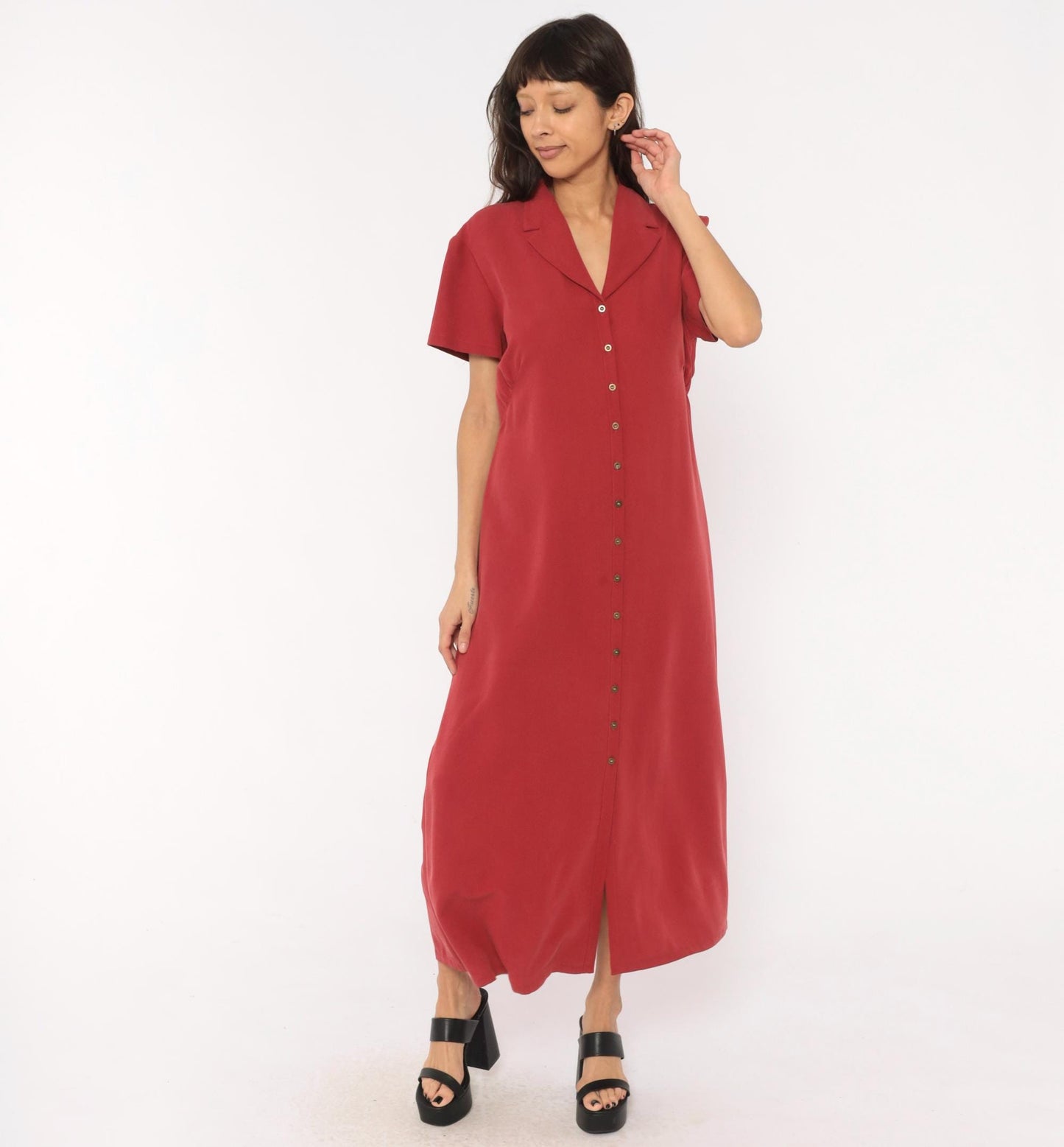 90s Liz Claiborne Burgundy Maxi Shirtdress Notched Collar Button Front Extra Large