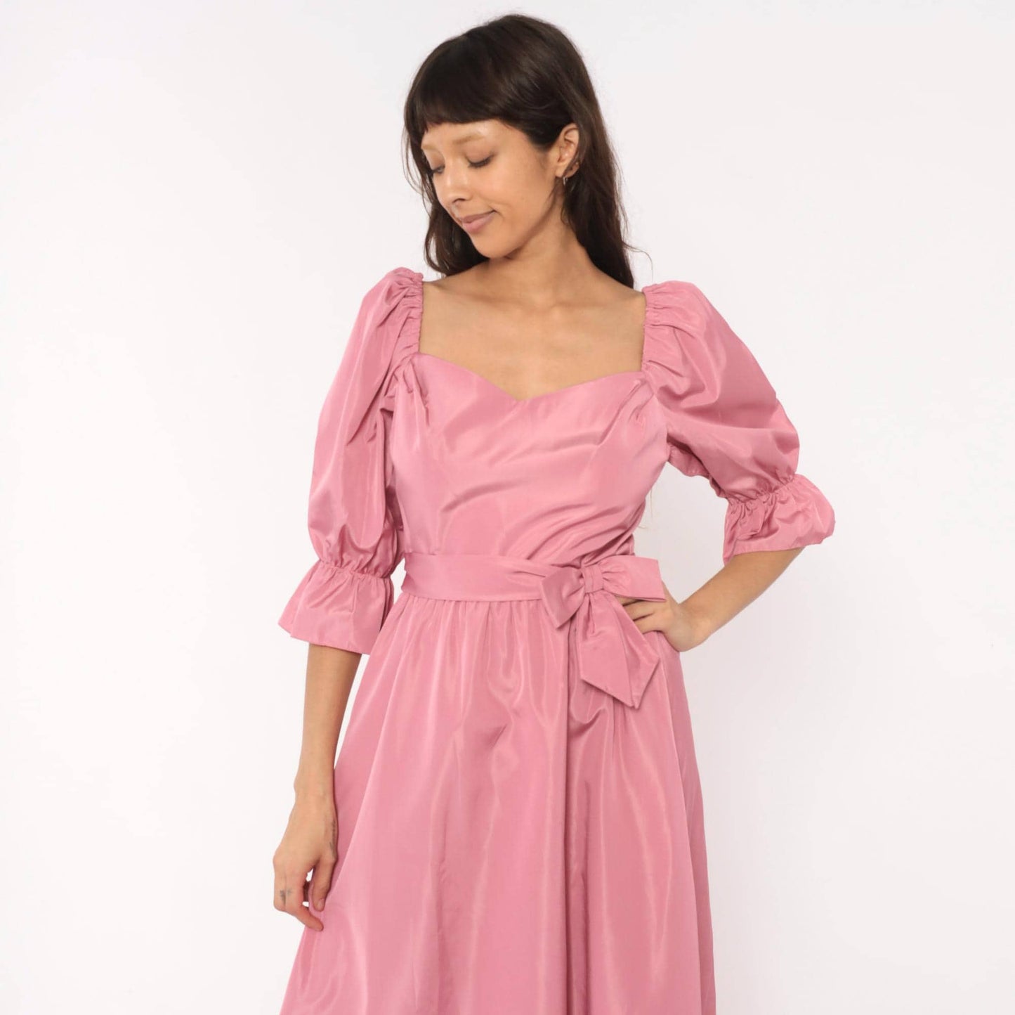 80s Rose Pink Maxi Gown Sweetheart Puff Sleeve Bow Belt Small