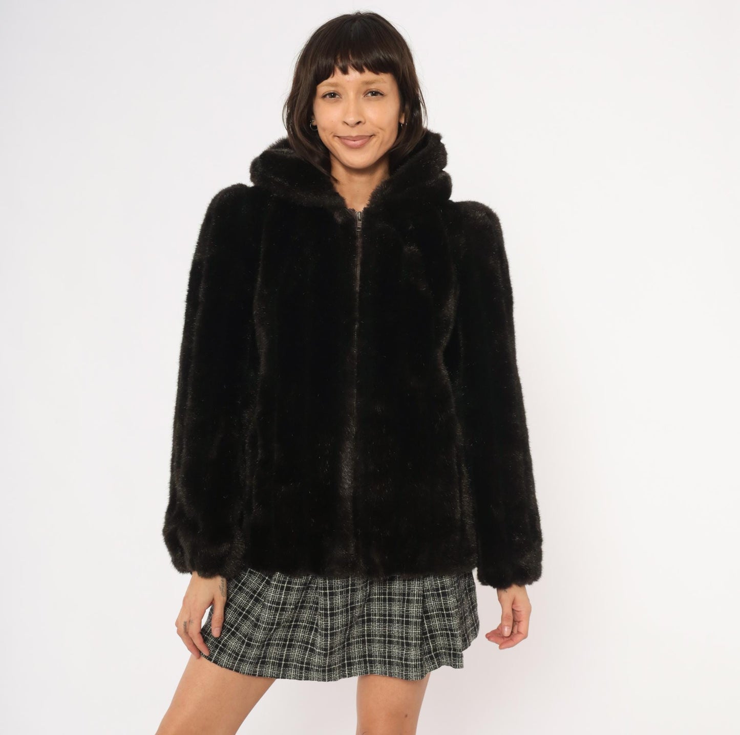80s Outerlayers Faux Fur Hooded Jacket Dark Brown Zip Coat Medium