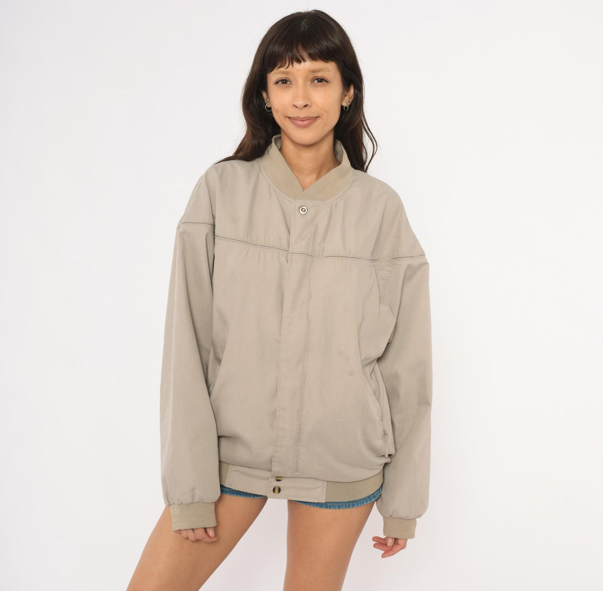 80s Windbreaker Bomber Jacket Tan Ribbed Knit Collar Small