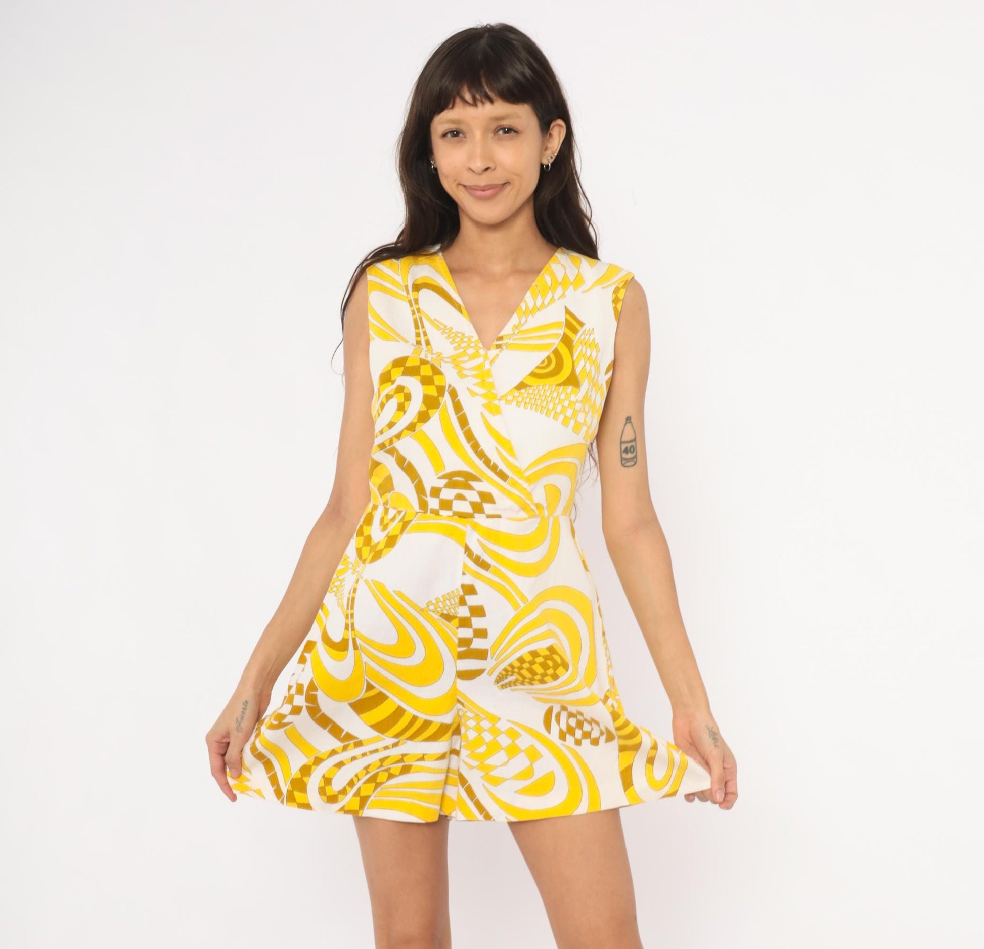 60s Psychedelic Yellow White Romper Sleeveless Cotton Playsuit Small S