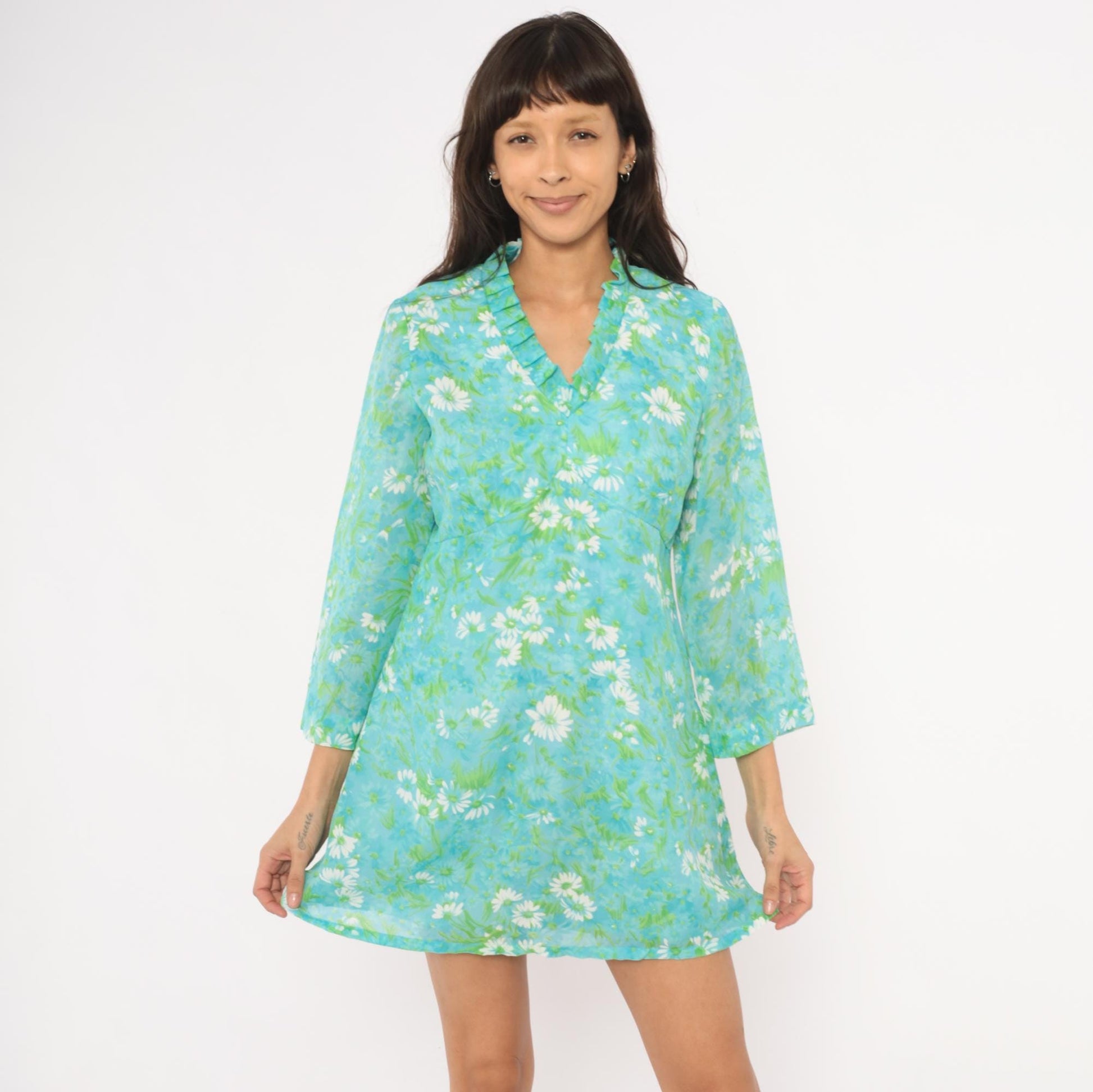 70s Daisy Floral Mini Dress Aqua Bell Sleeve A-Line Large L
