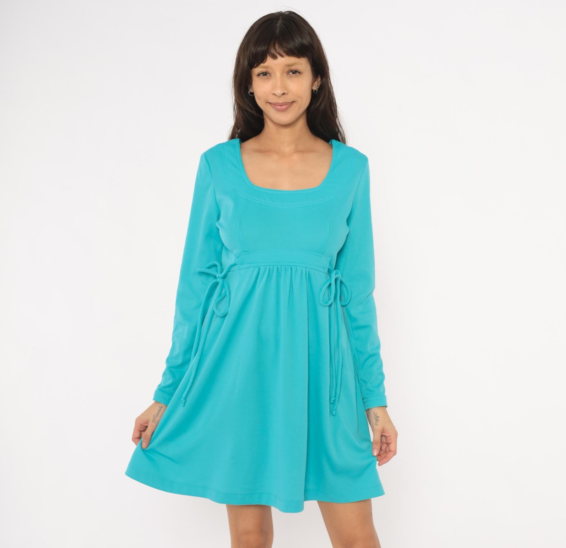 70s Aqua Babydoll Mini Dress Empire Waist Tie Side Long Sleeve Medium M