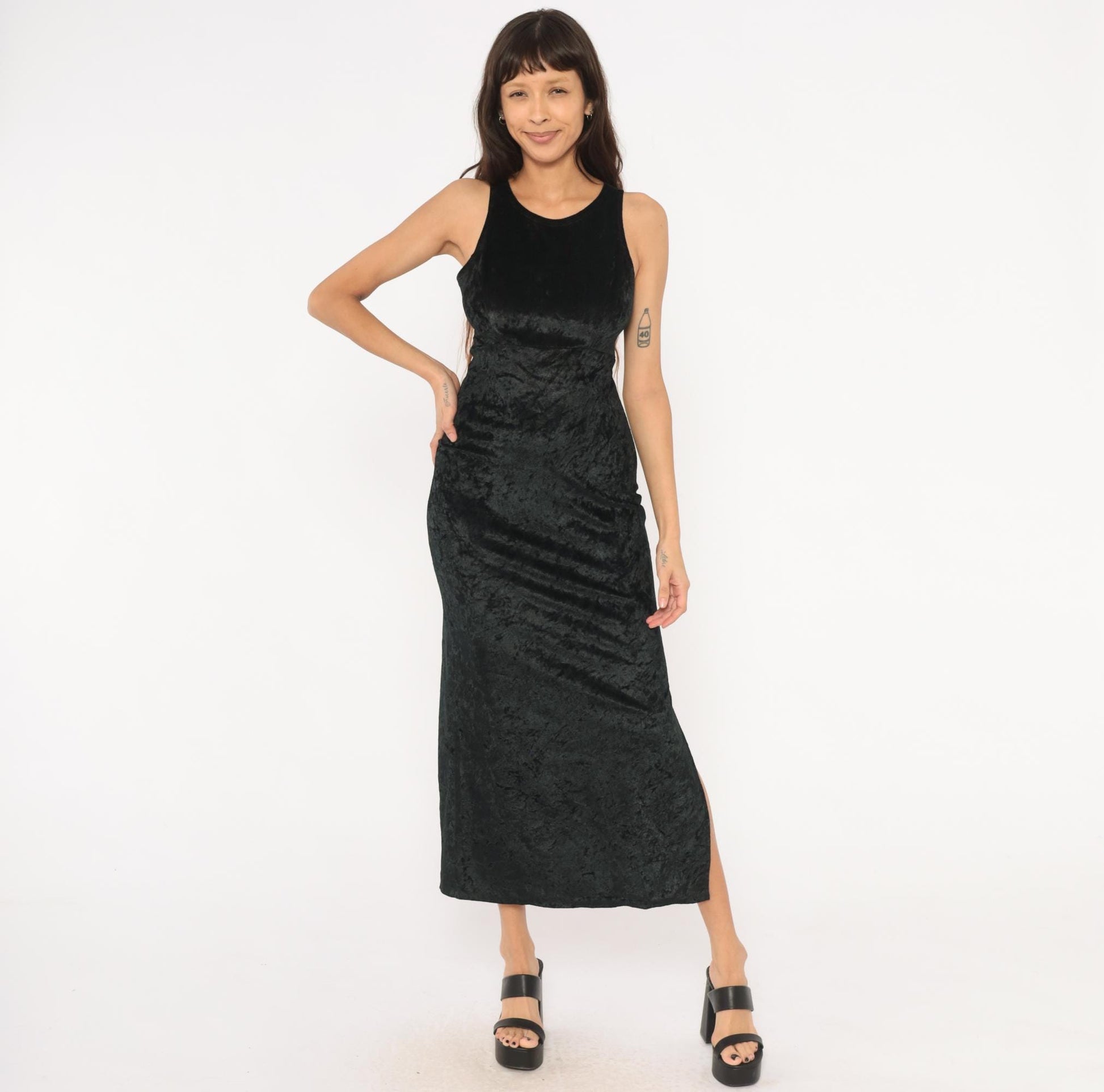 90s Hana Black Crushed Velvet Maxi Dress Sleeveless Scoop Neck Small S