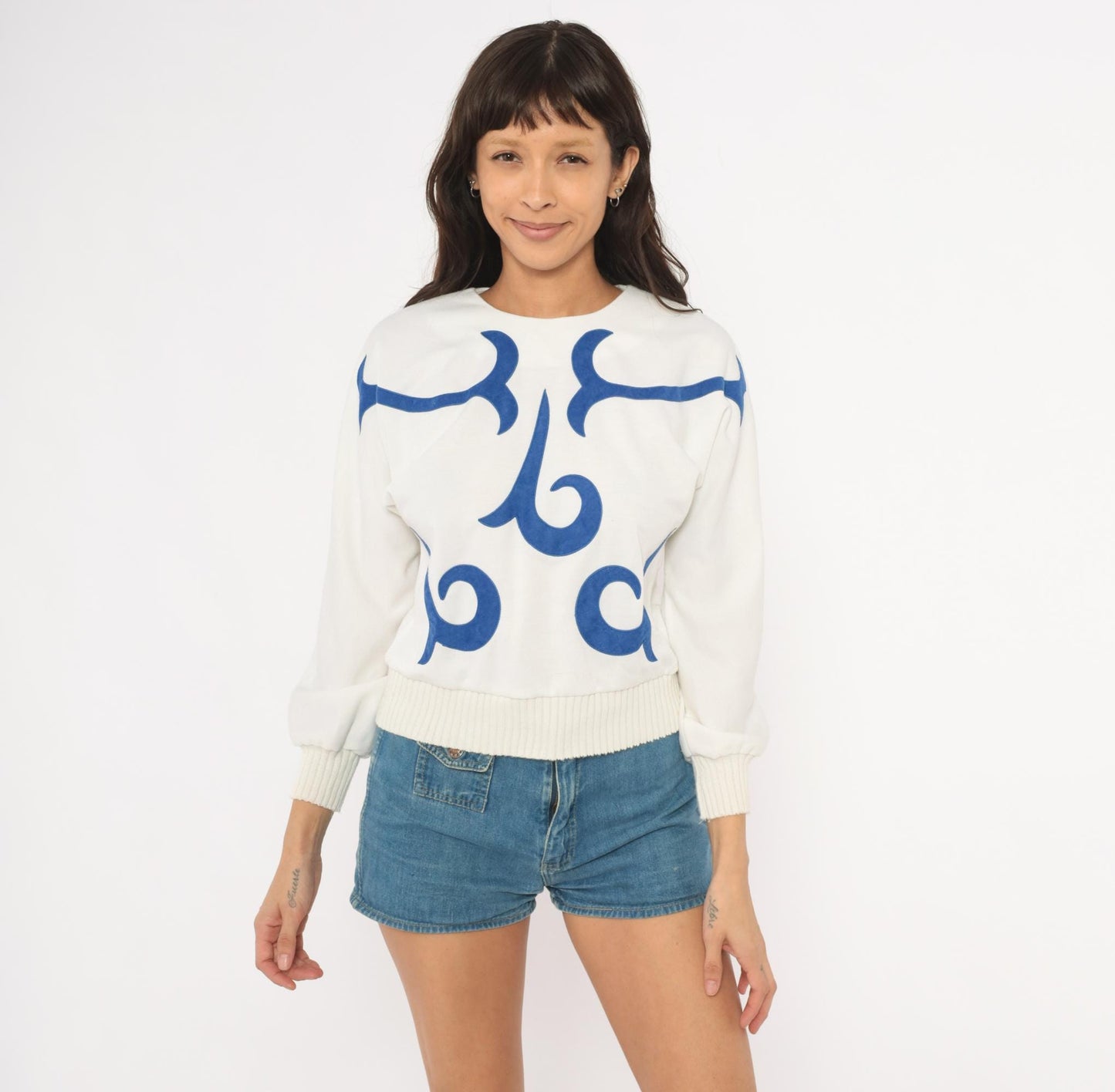 80s Leslie Fay White Cobalt Appliqué Sweatshirt Cropped Balloon Sleeve Extra Small XS
