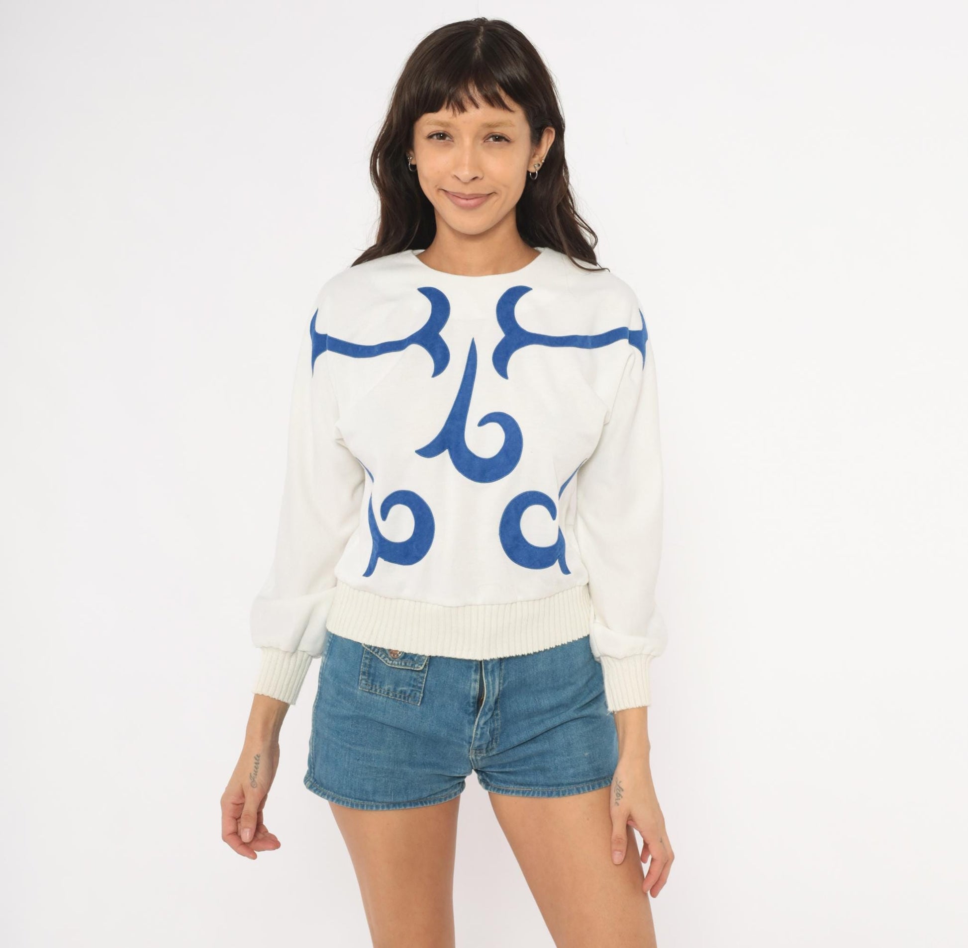 80s Leslie Fay White Cobalt Appliqué Sweatshirt Cropped Balloon Sleeve Extra Small XS