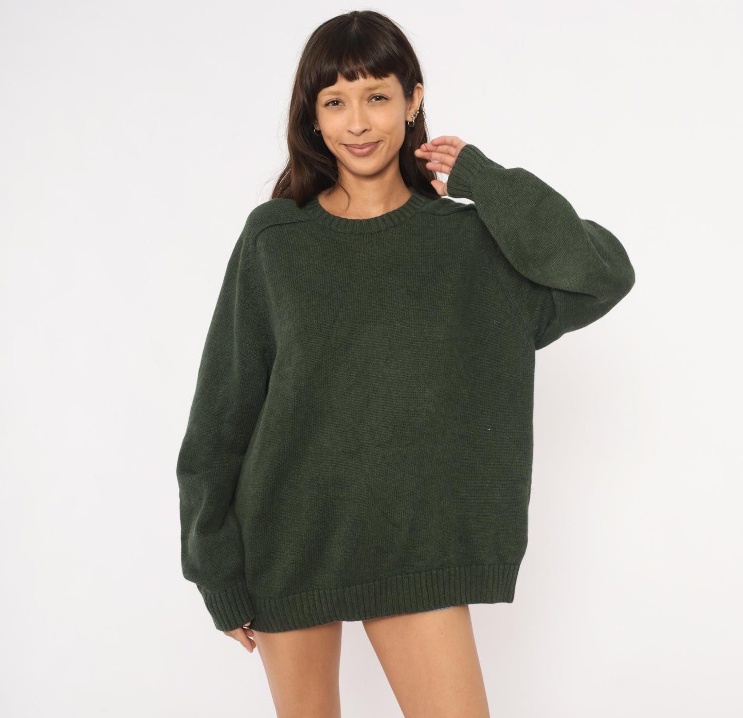 90s Lands End Dark Olive Cotton Knit Crewneck Pullover Extra Large XL