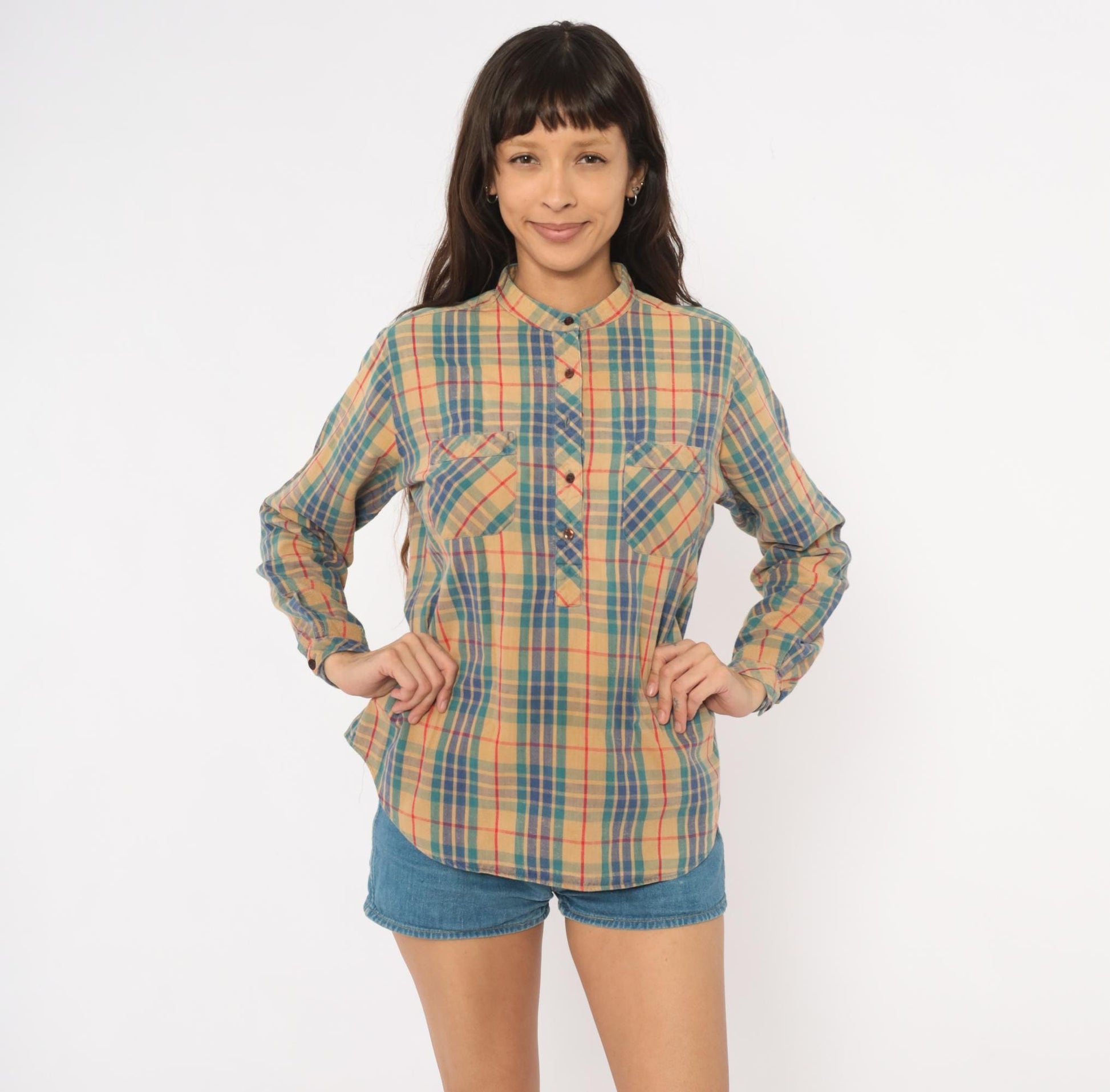 80s Hot Line Mervyns Plaid Henley Shirt Tan Navy Teal Red Cotton Small