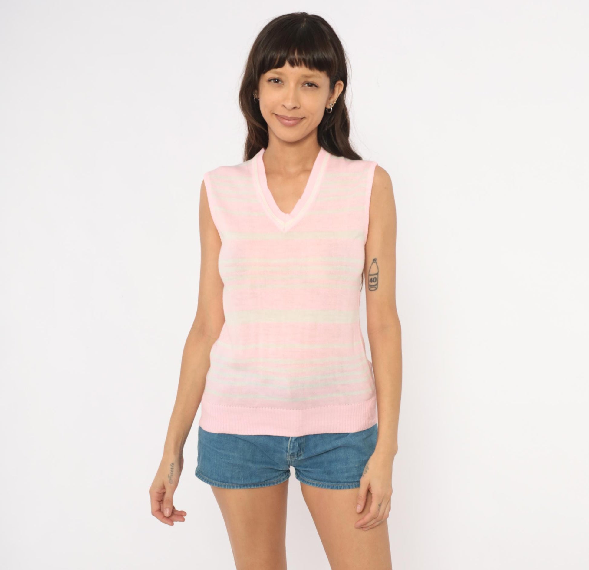 70s Pink White Striped Sweater Vest V Neck Sleeveless Knit Small