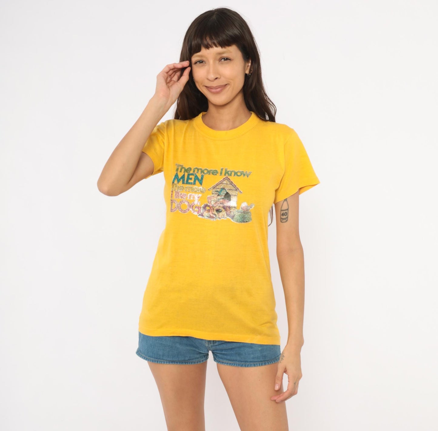 80s Poltermann Glitter Dog Graphic Tee Yellow Cotton Novelty Small