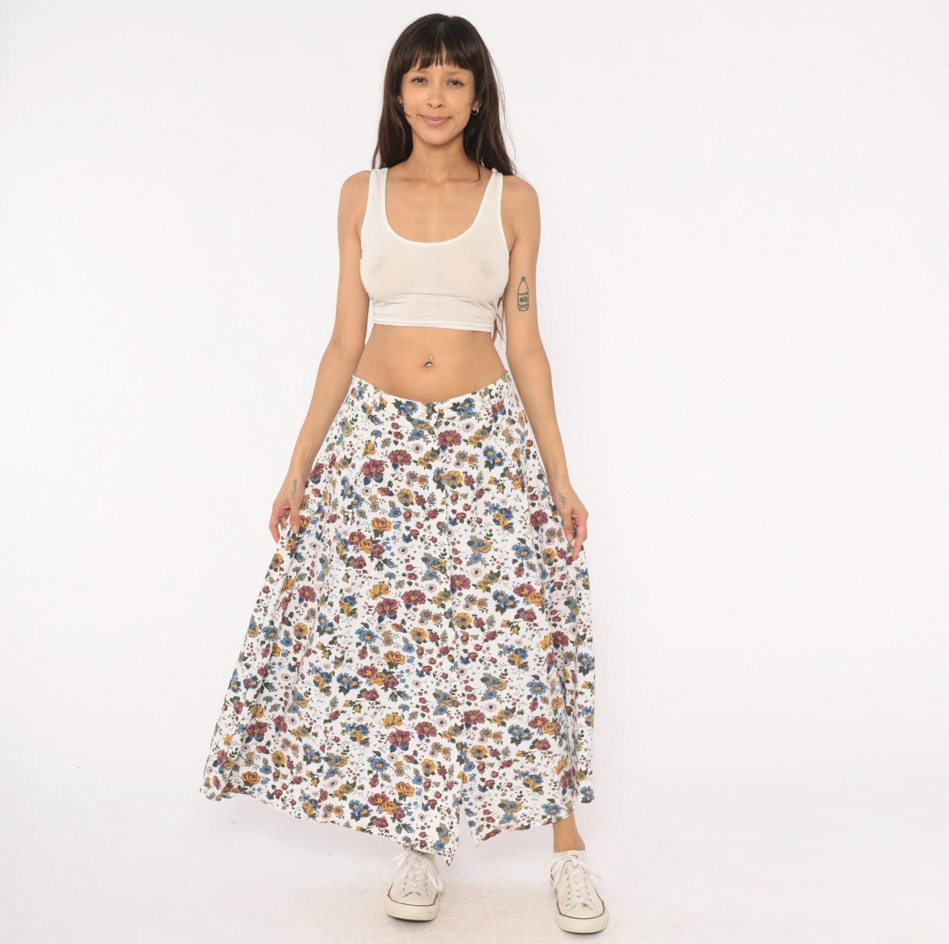 90s White Stag Floral Maxi Skirt Burgundy Mustard Garden Print Large L