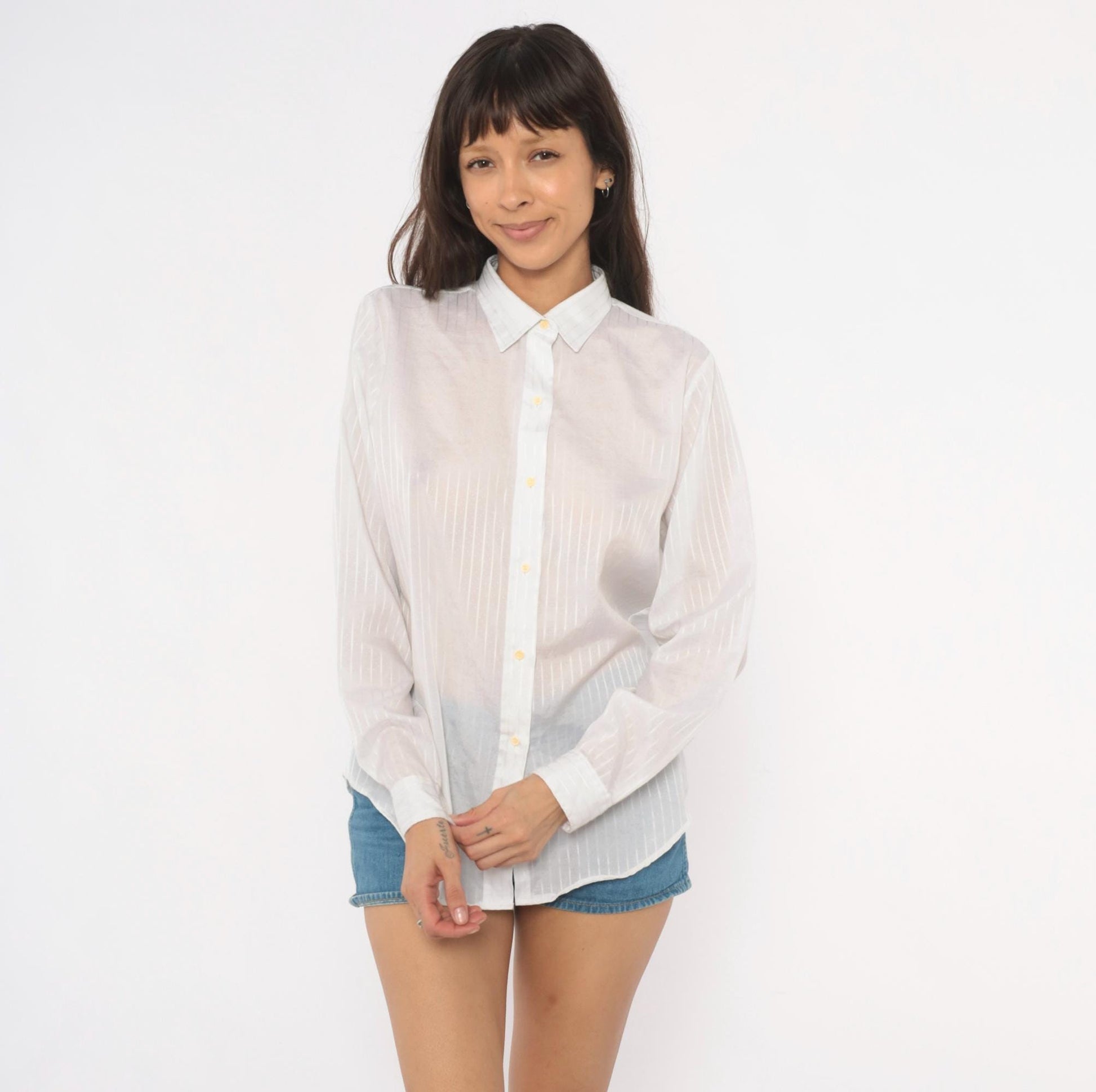 90s Cobble-Lane White Striped Button-Up Blouse Pointed Collar Large L
