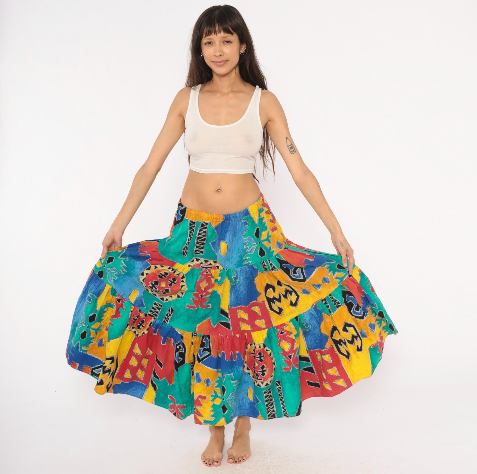 90s Tribal Print Maxi Skirt Teal Red Yellow Blue Tiered Cotton One Size