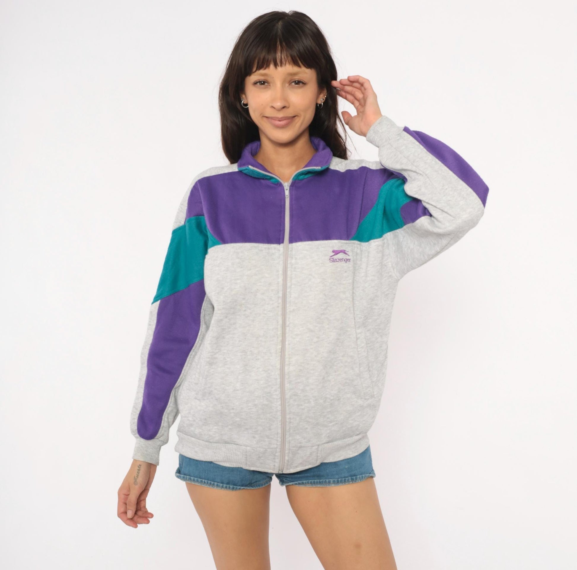 80s Slazenger Colorblock Zip Sweatshirt Purple Grey Teal Small