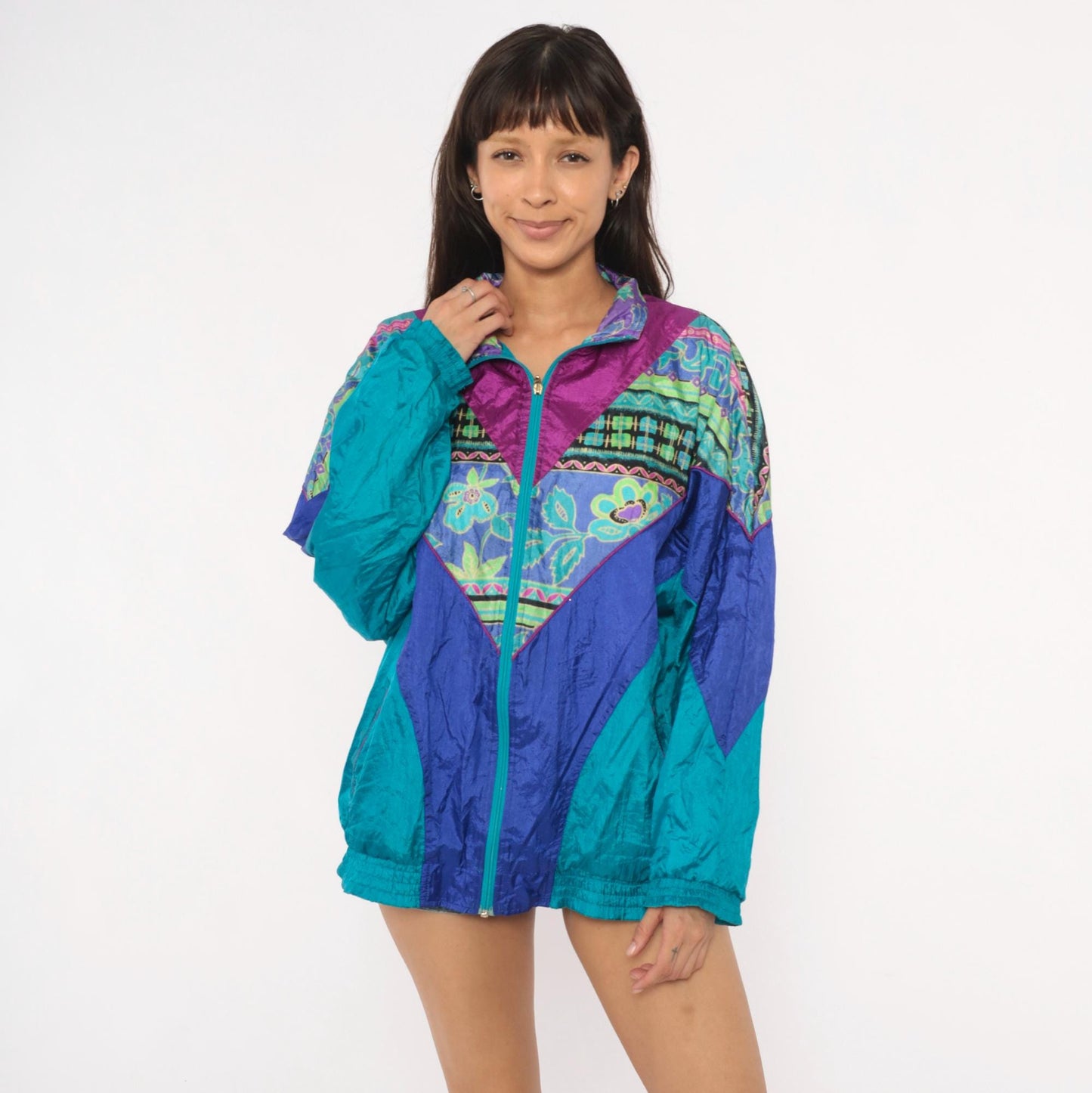 90s Bold Spirit Colorblock Windbreaker Teal Purple Geometric Floral Extra Large XL