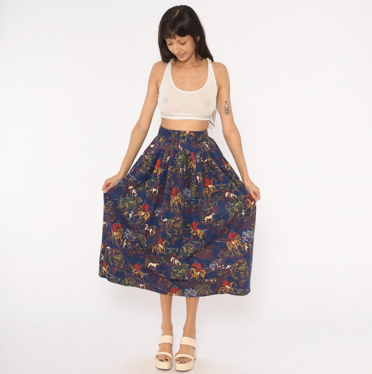 90s Breeches Equestrian Hunt Scene Midi Skirt Navy Purple Pleated Cotton Extra Small XS