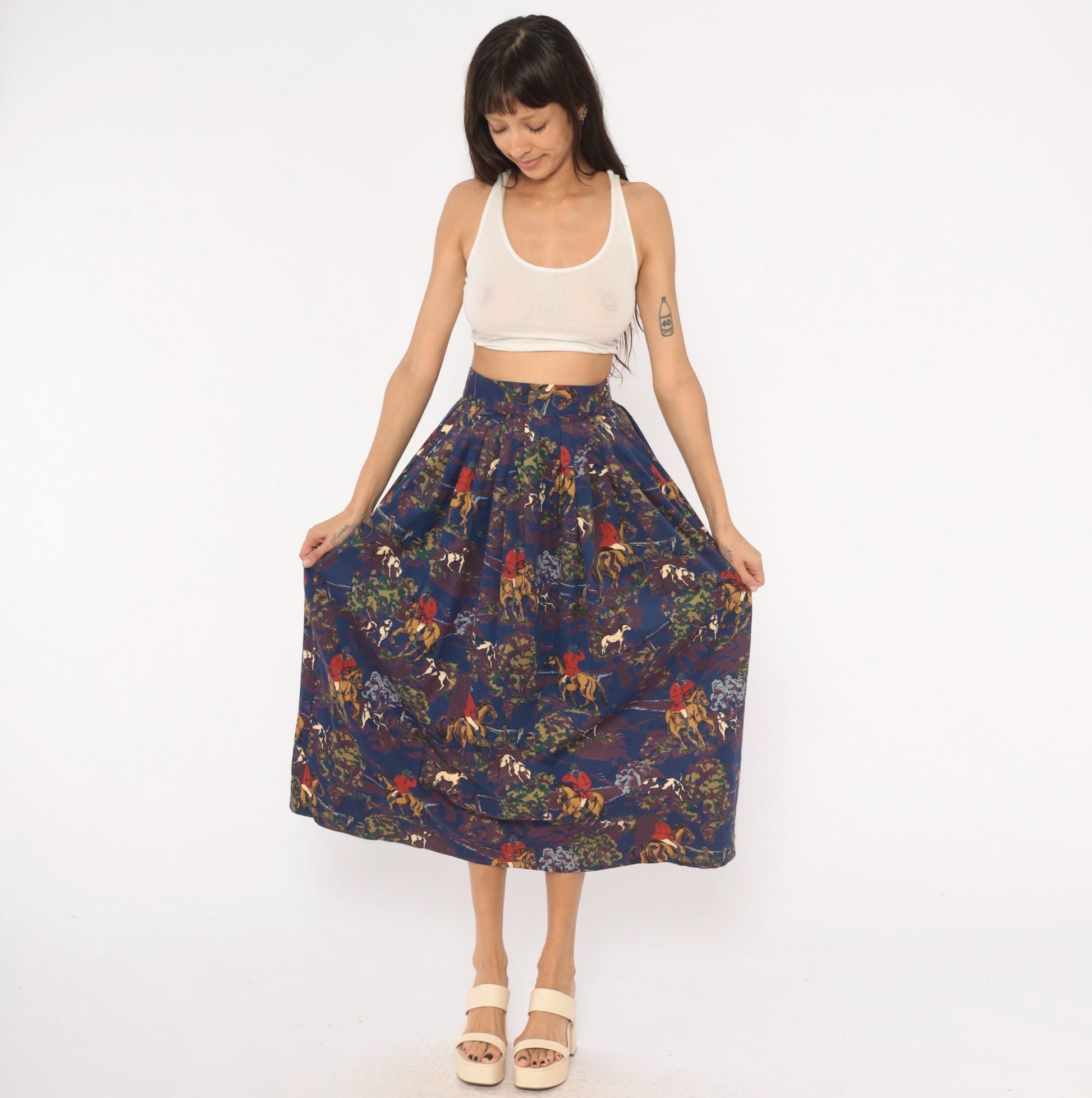 90s Breeches Equestrian Hunt Scene Midi Skirt Navy Purple Pleated Cotton Extra Small XS