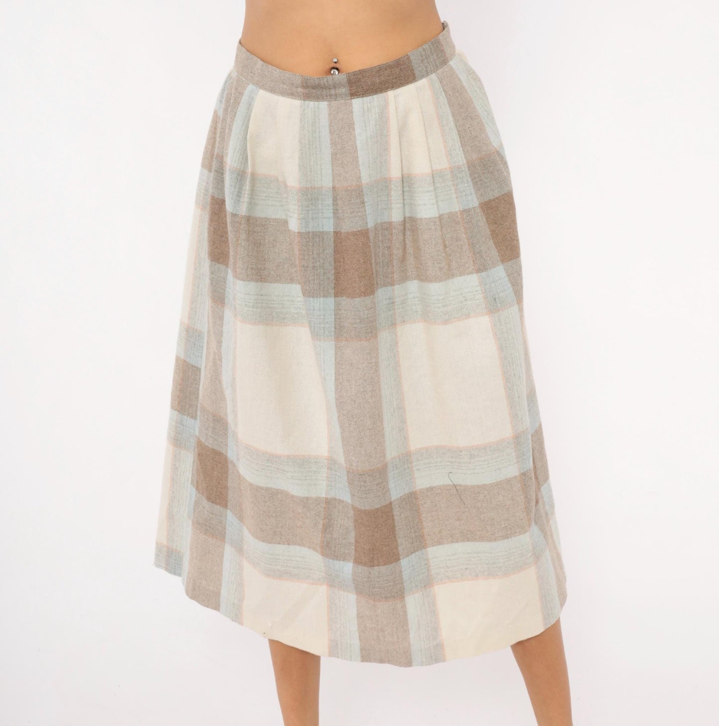 80s Wool Blend Plaid Midi Skirt Tan Cream Powder Blue Pleated Medium M