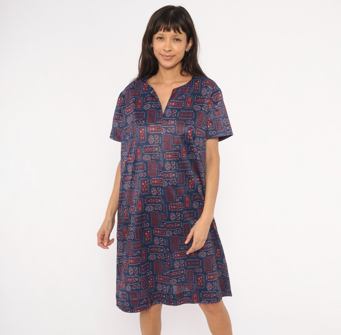 70s Navy Bandana Patchwork Shift Dress Red Floral Folk Print Knee Length Extra Large