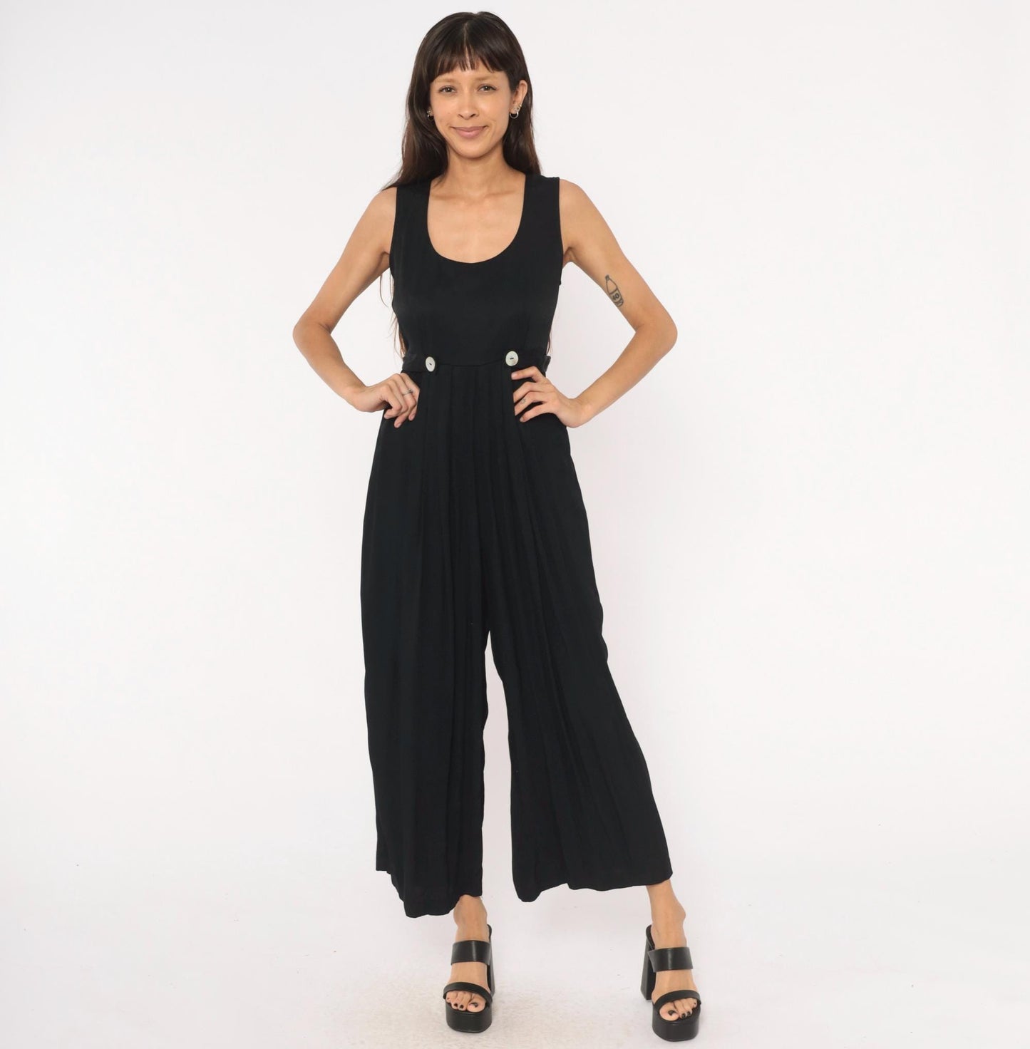 90s Jeffrey & Dara Black Wide-Leg Jumpsuit Pleated Waist Tie-Back Medium M