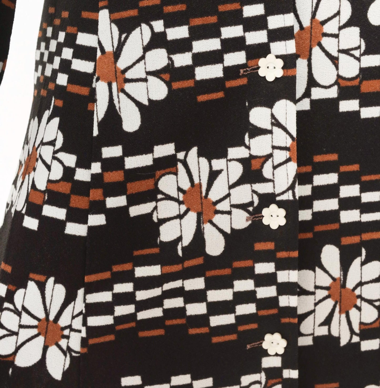 70s Daisy Print Mini Babydoll Dress Black White Checkered Collar Medium M