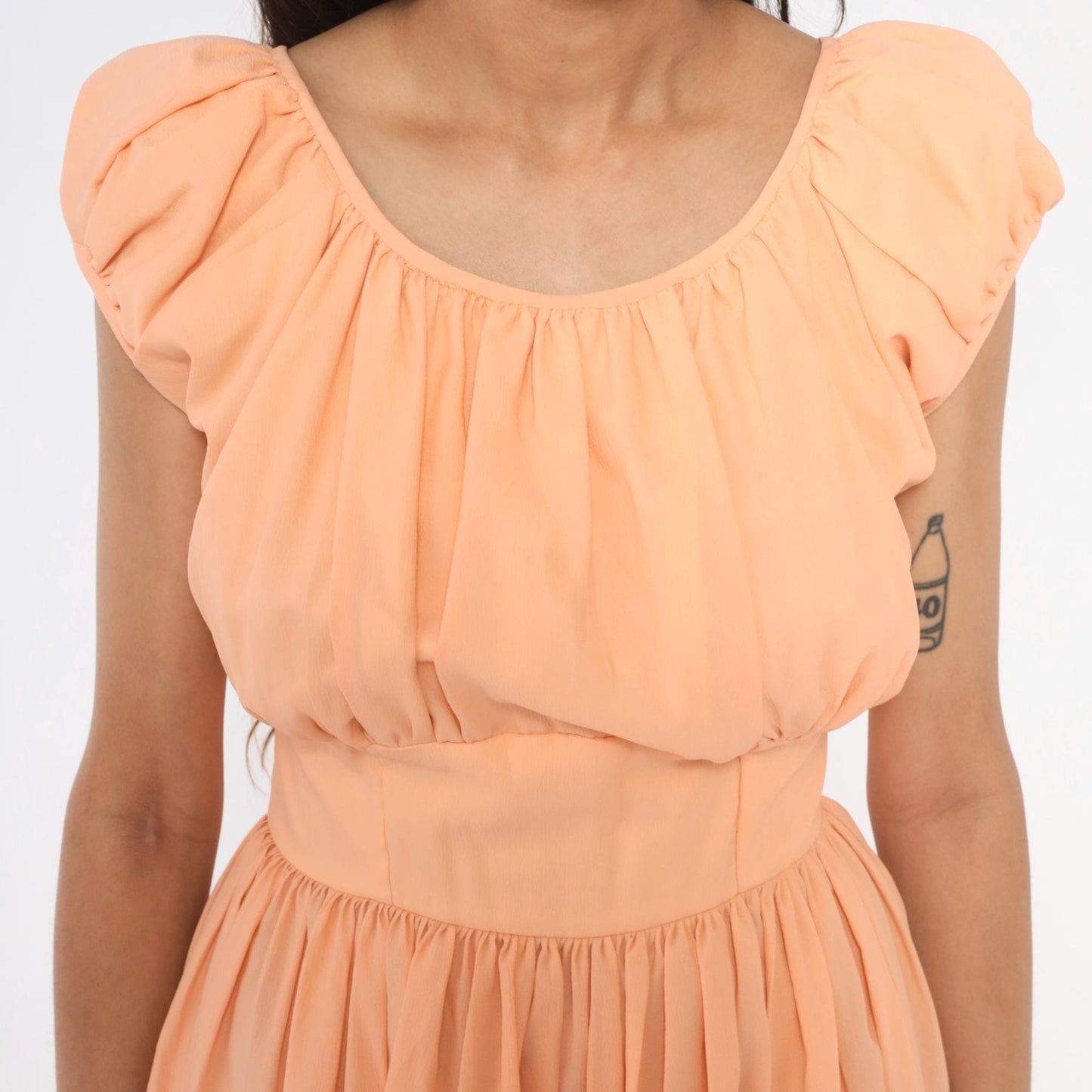 60s Peach Puff Sleeve Tiered Dress Gathered Bodice Knee Length Small