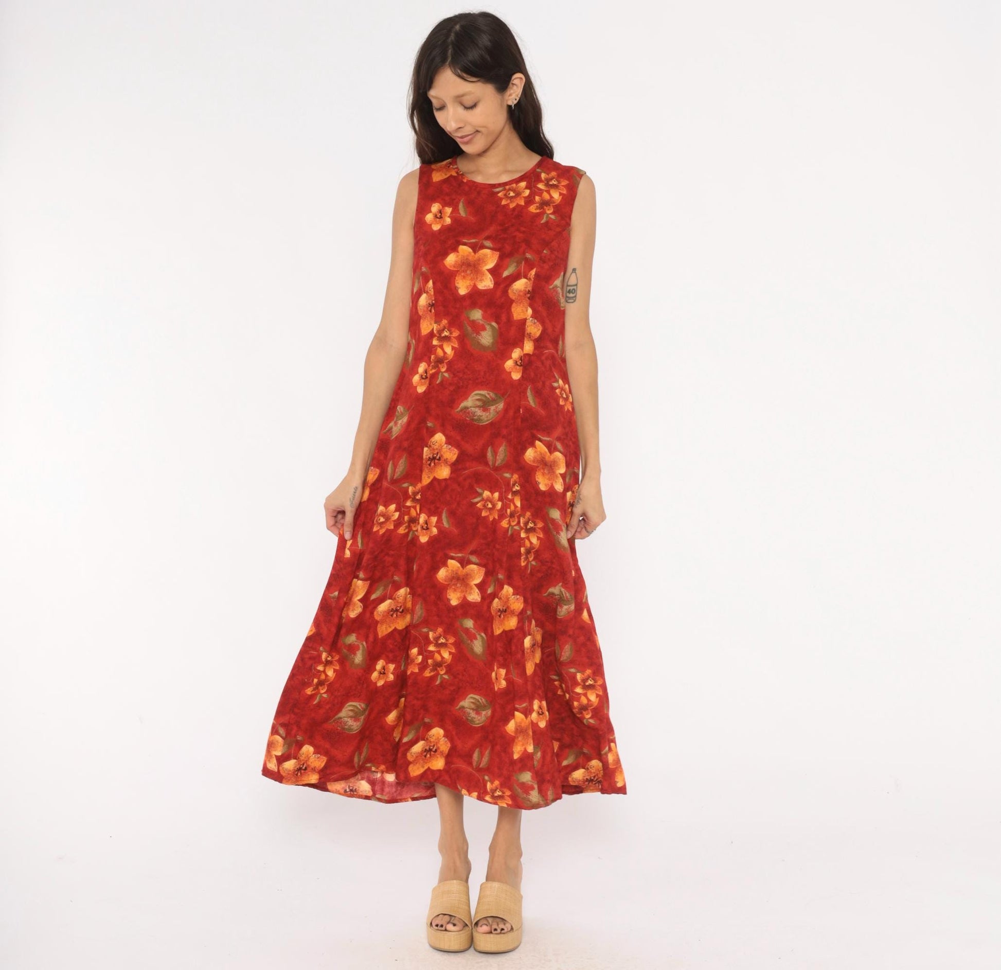 90s Olivia Rose Floral Maxi Dress Red Orange Sleeveless Keyhole Back Medium