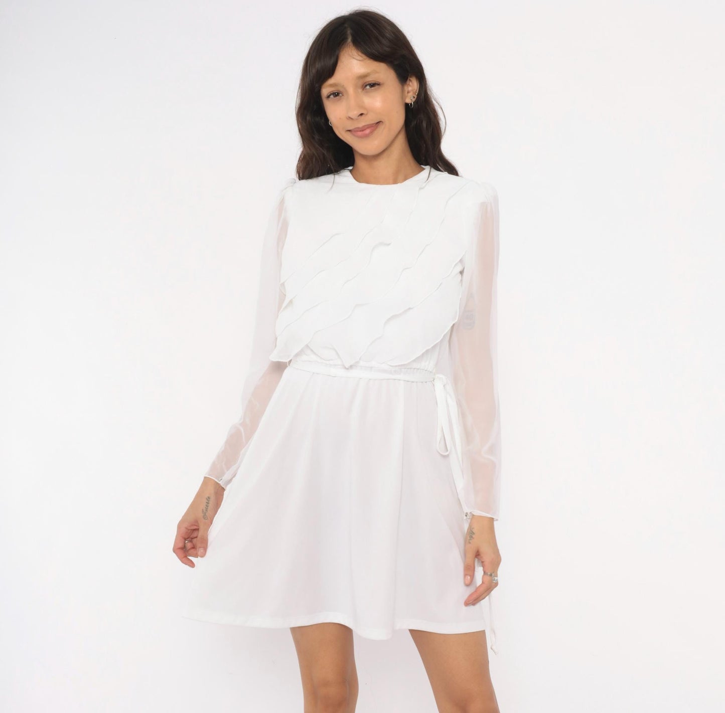70s White Mini Dress Tiered Ruffle Chiffon Long Sleeve Crew Neck Small