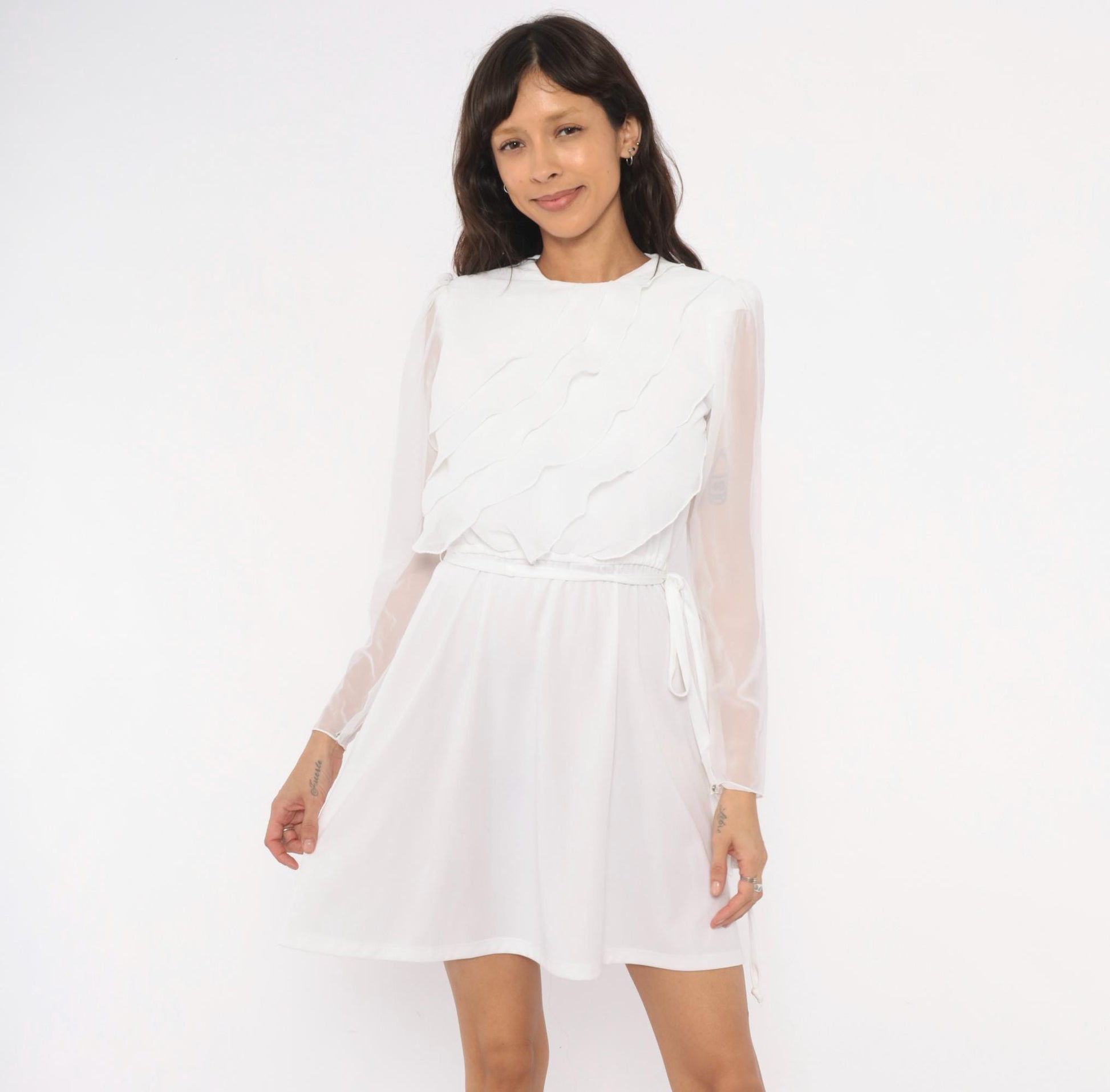 70s White Mini Dress Tiered Ruffle Chiffon Long Sleeve Crew Neck Small