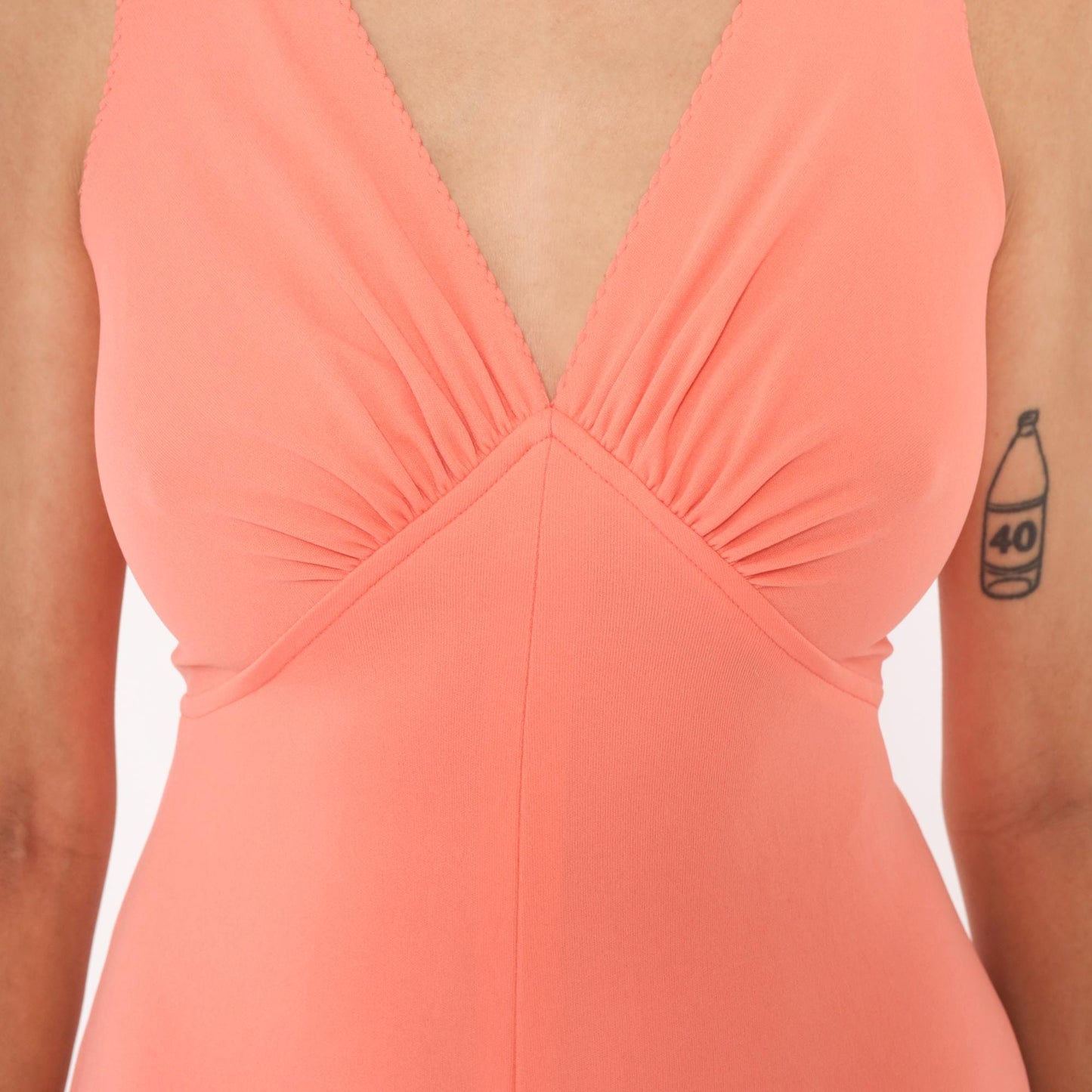 70s Coral Maxi Dress Sleeveless V Neck Empire Waist A-Line Small S
