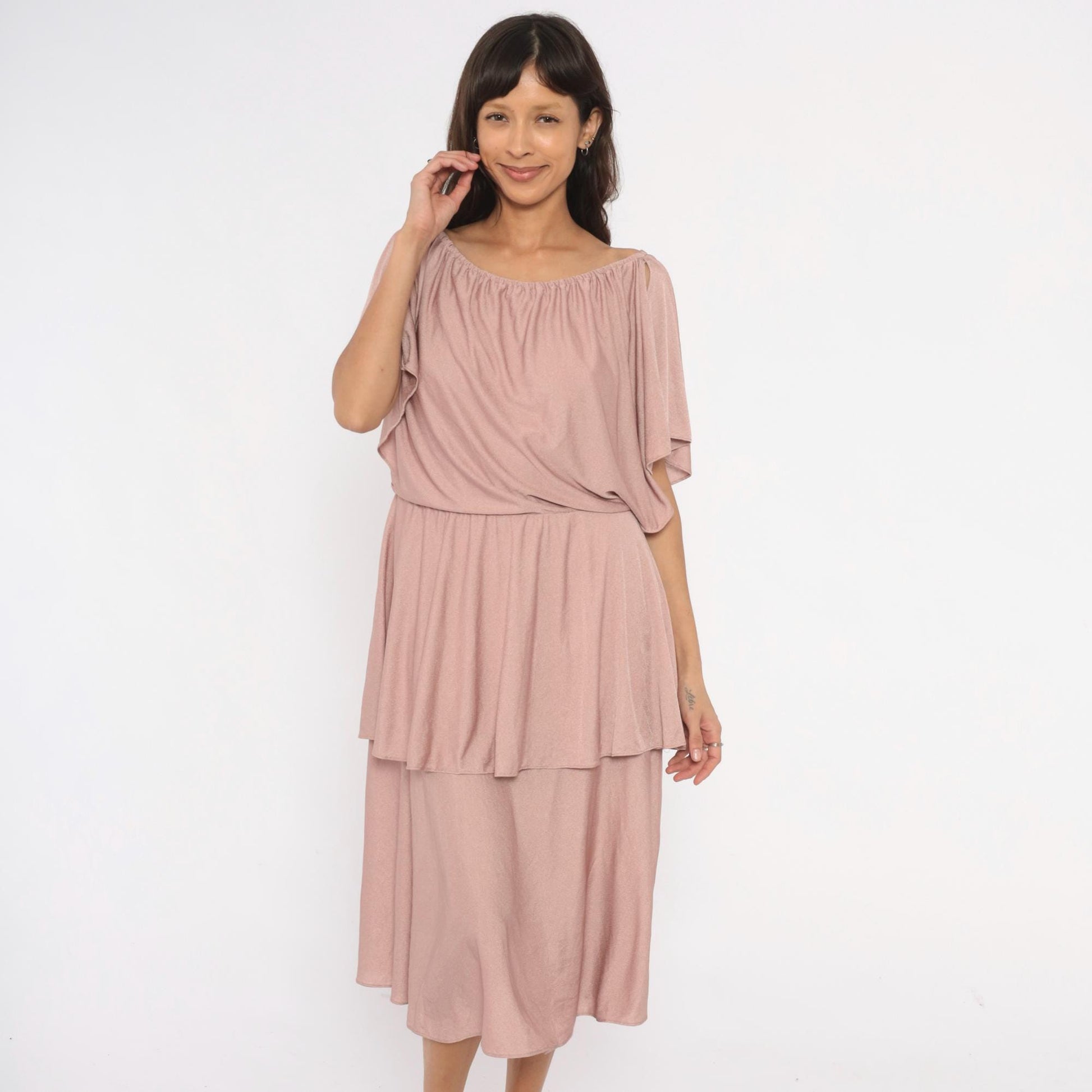 70s The Dress Mauve Tiered Midi Dress Flutter Sleeve Cold Shoulder Medium
