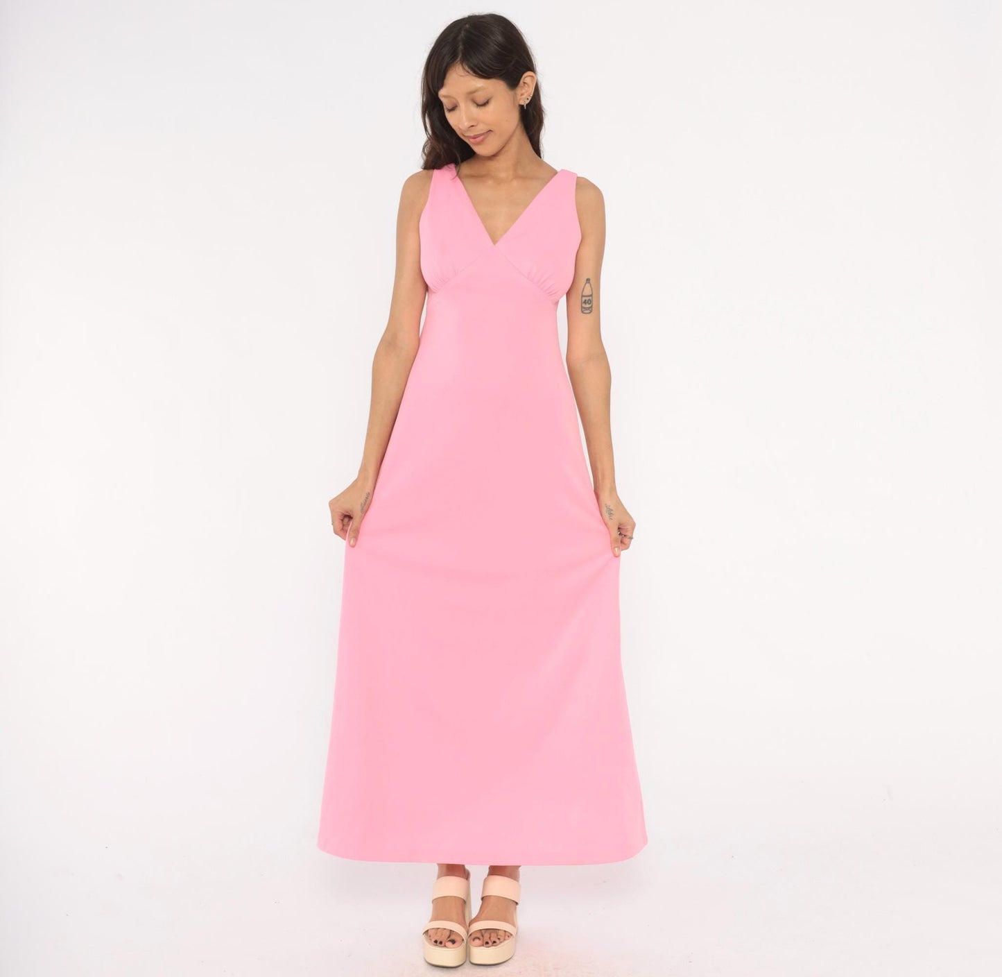 70s Bubblegum Pink Maxi Dress V Neck Empire Waist A Line Ankle Length Medium M