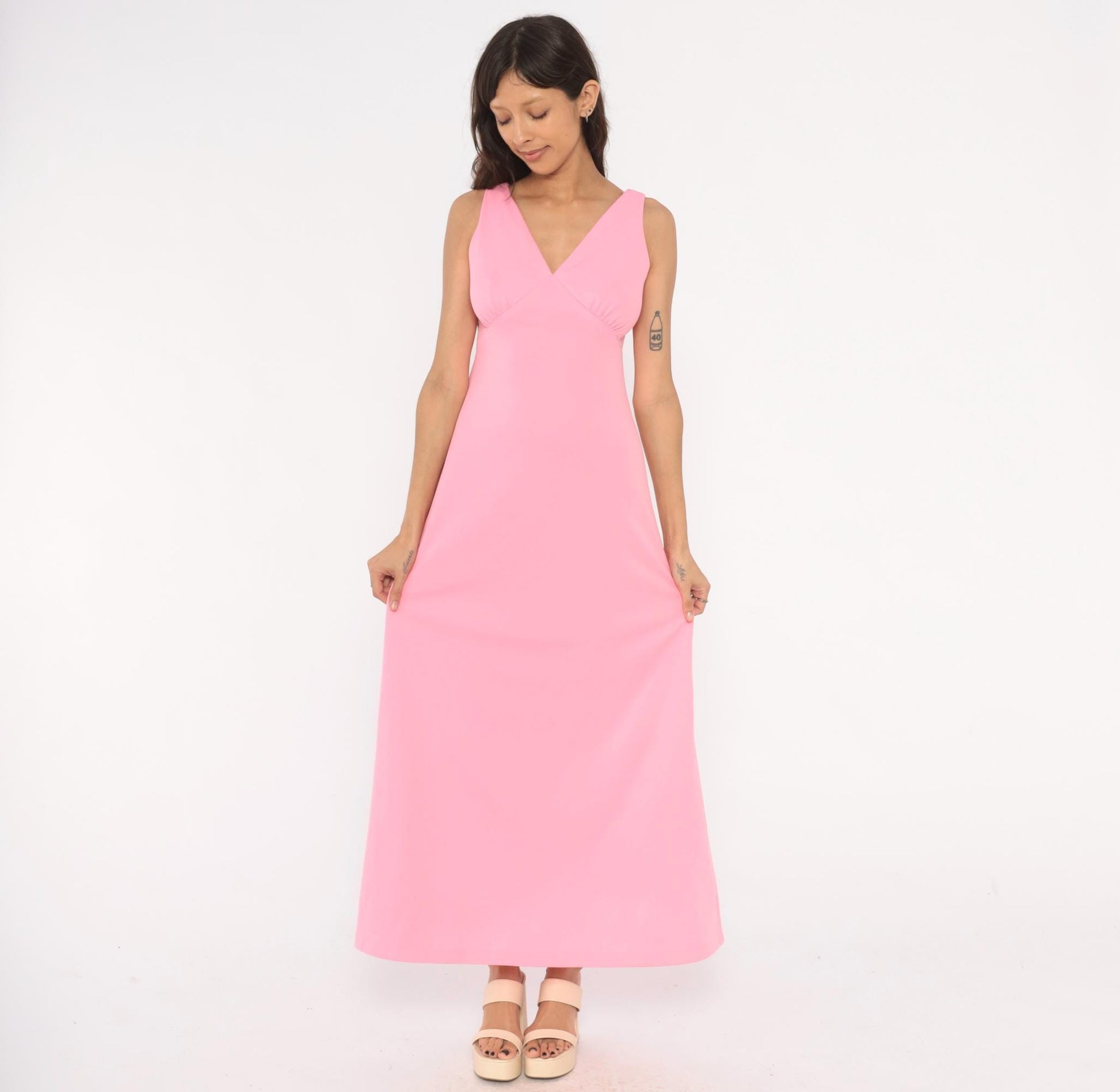 70s Bubblegum Pink Maxi Dress V Neck Empire Waist A Line Ankle Length Medium M