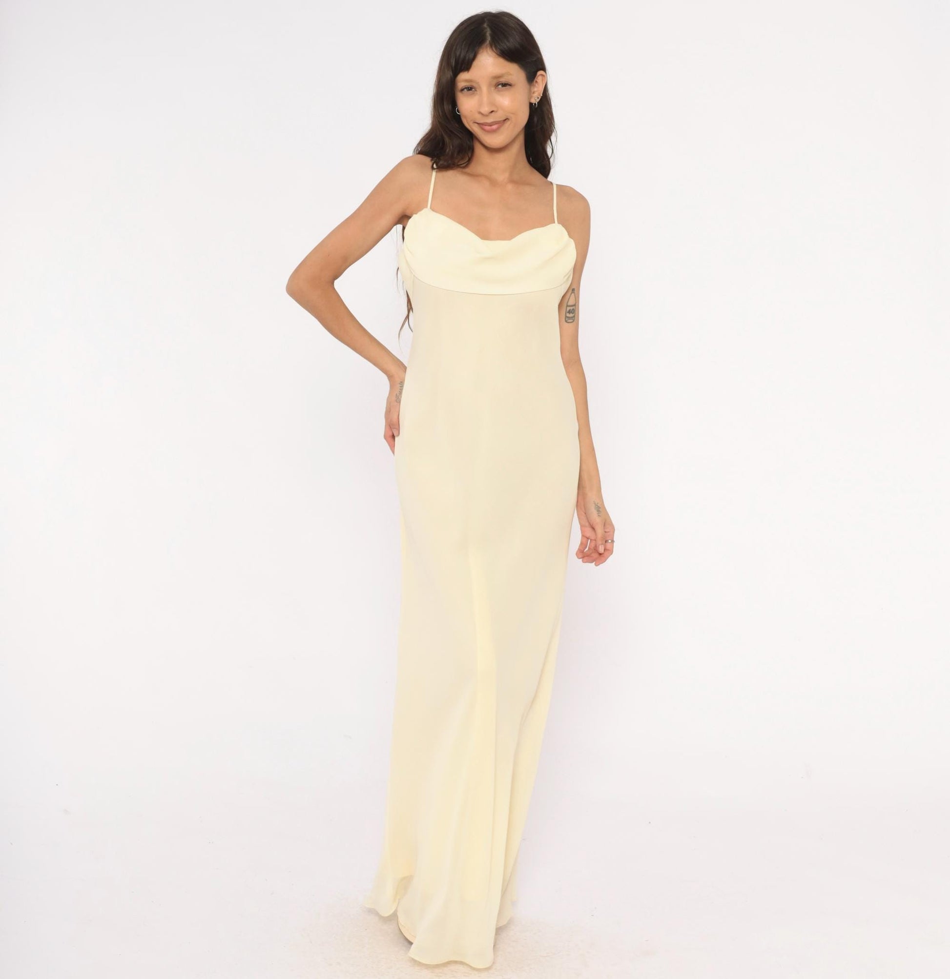 70s Jody Pale Yellow Cowl Neck Maxi Gown Spaghetti Strap Medium M