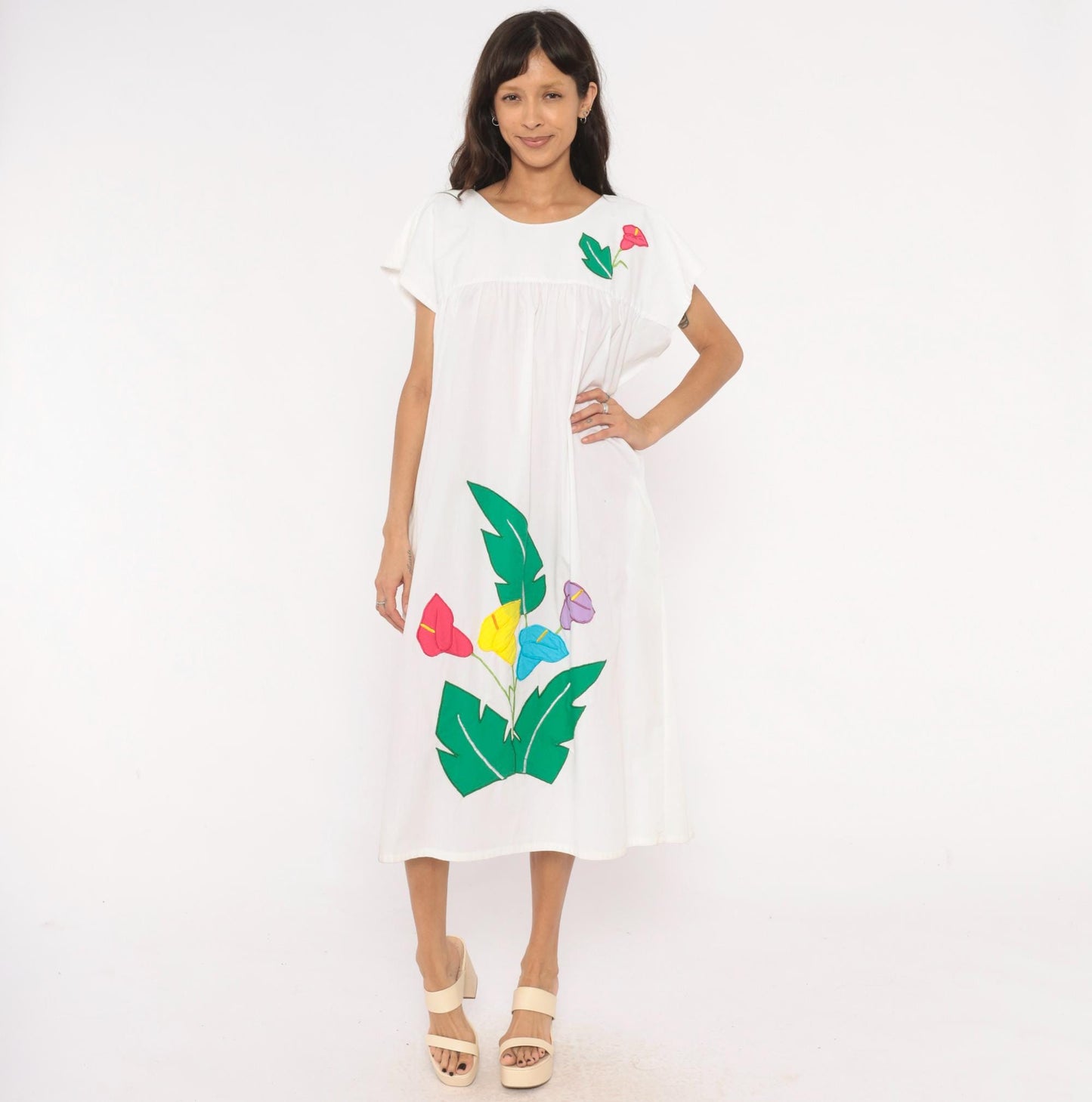 90s Bordados Tiscareño Tropical Appliqué Midi Dress White Cotton Calla Lily Large