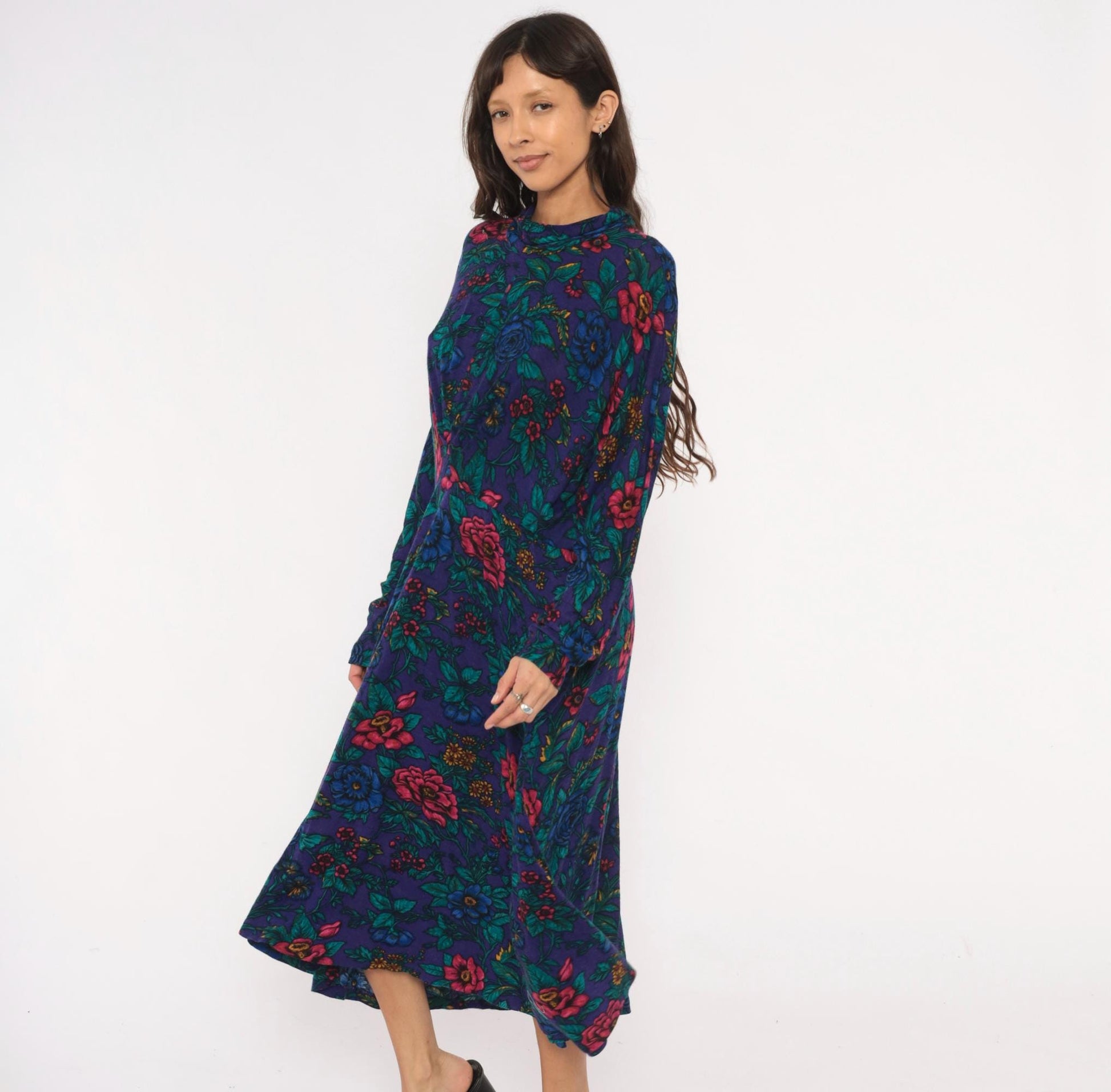 90s Alison J. Floral Mock Neck Midi Dress Purple Teal Long Sleeve Large L