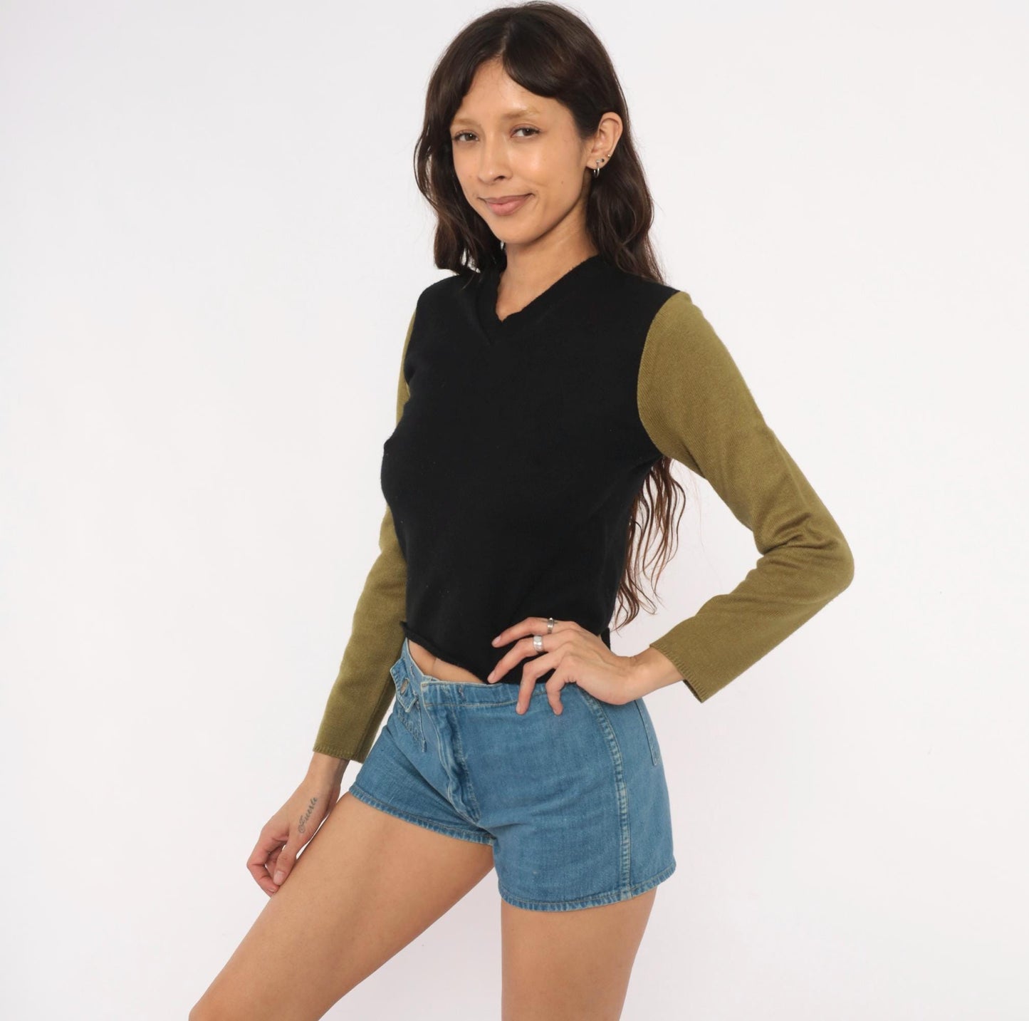 90s Catch 22 Color Block V-Neck Sweater Black Olive Green Small