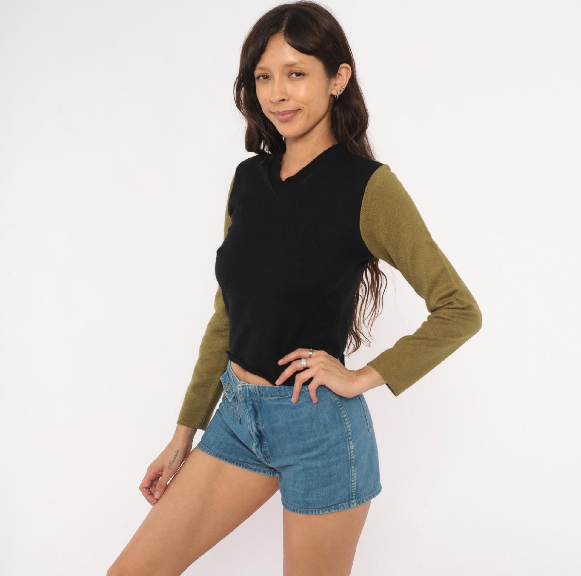90s Catch 22 Color Block V-Neck Sweater Black Olive Green Small