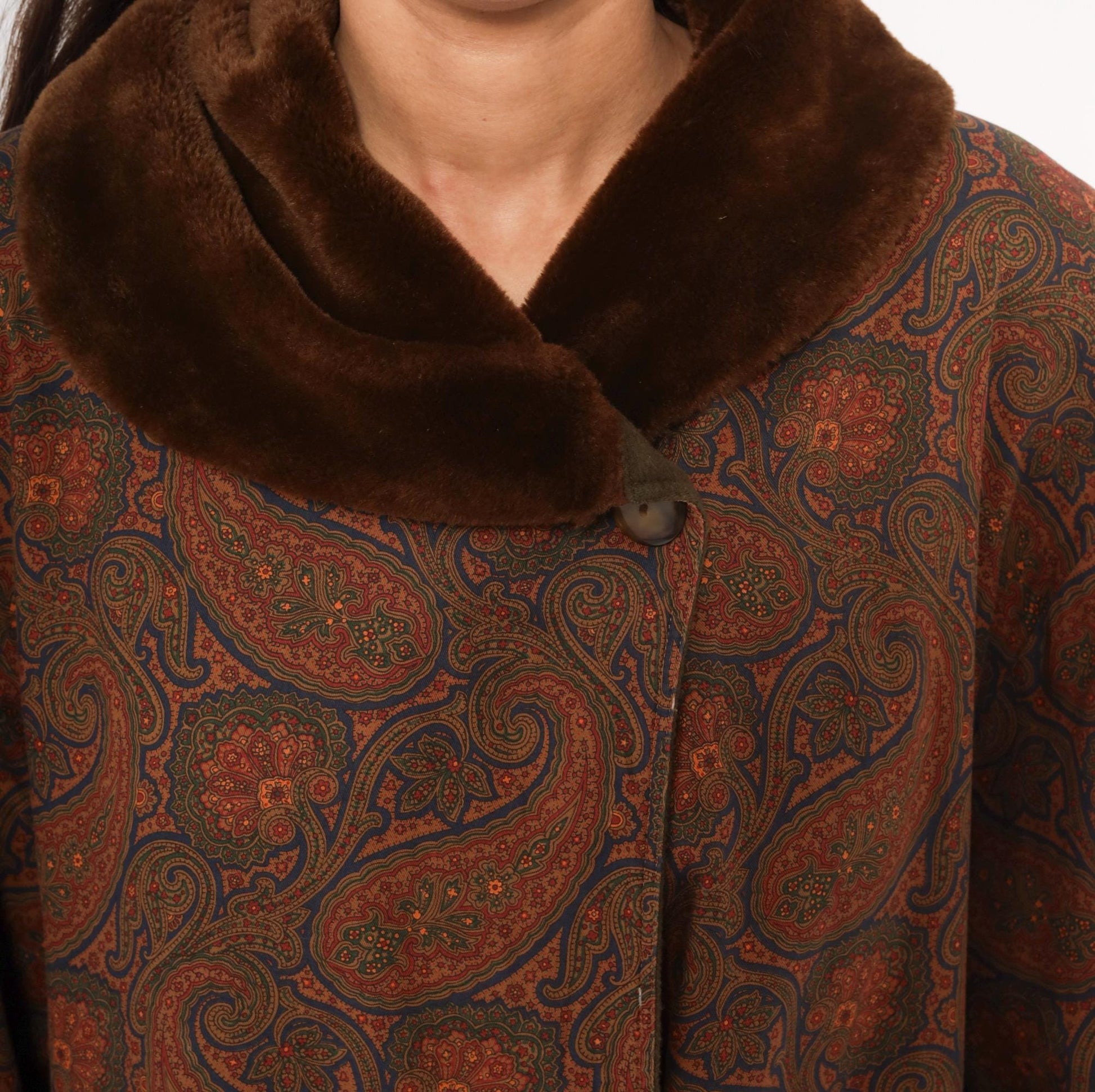 1970s Bill Blass Paisley Wool Maxi Coat Fur Collar Brown Olive Medium M