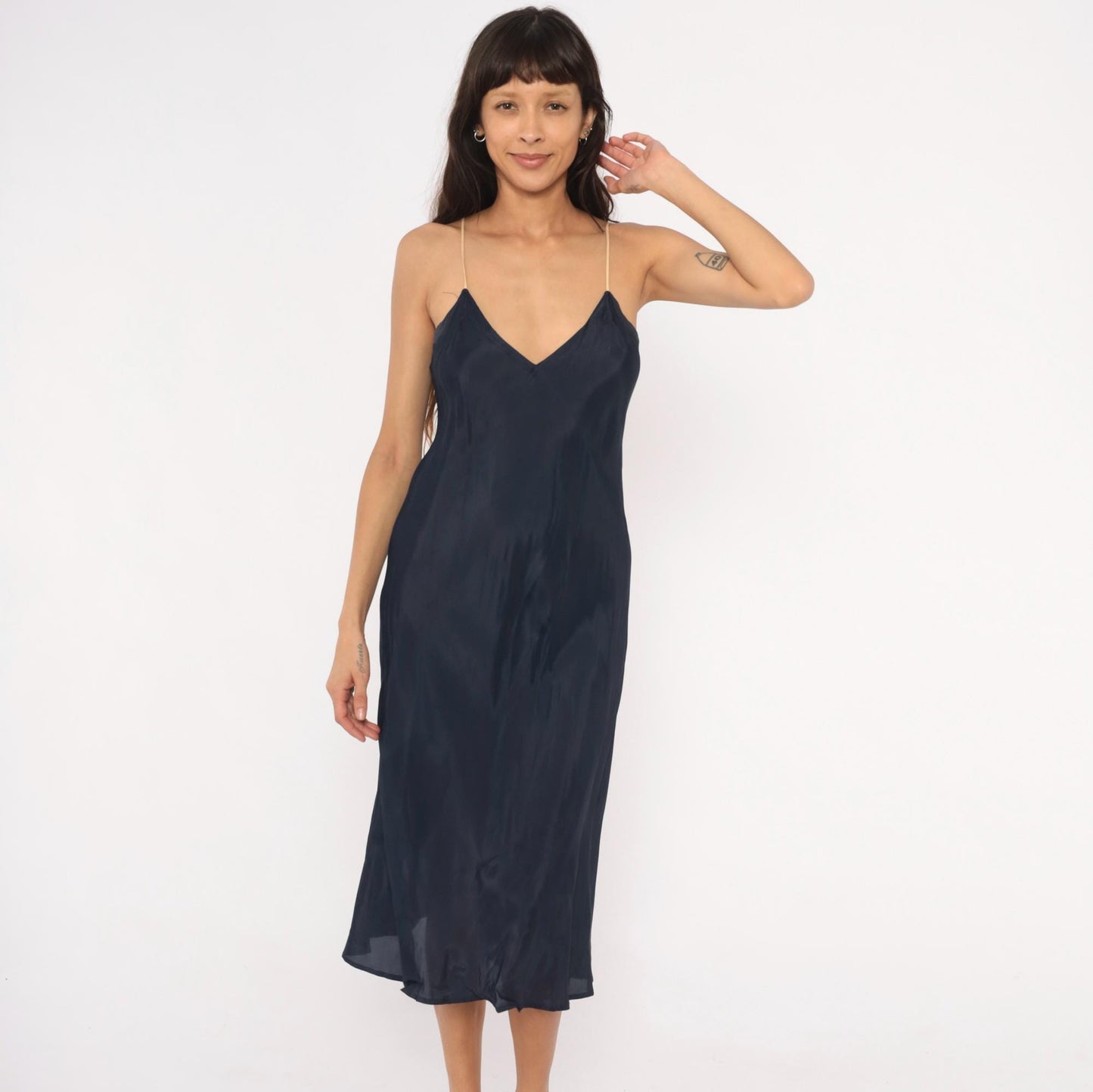 70s Navy Slip Dress Midi V-Neck Spaghetti Strap Acetate Small