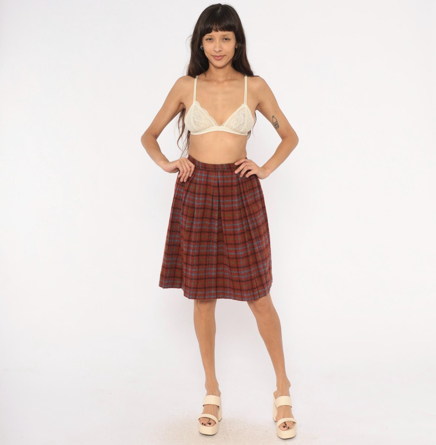 60s Mode O Day Wool Plaid Pleated Skirt Burgundy Tartan Knee-Length Extra Small XS