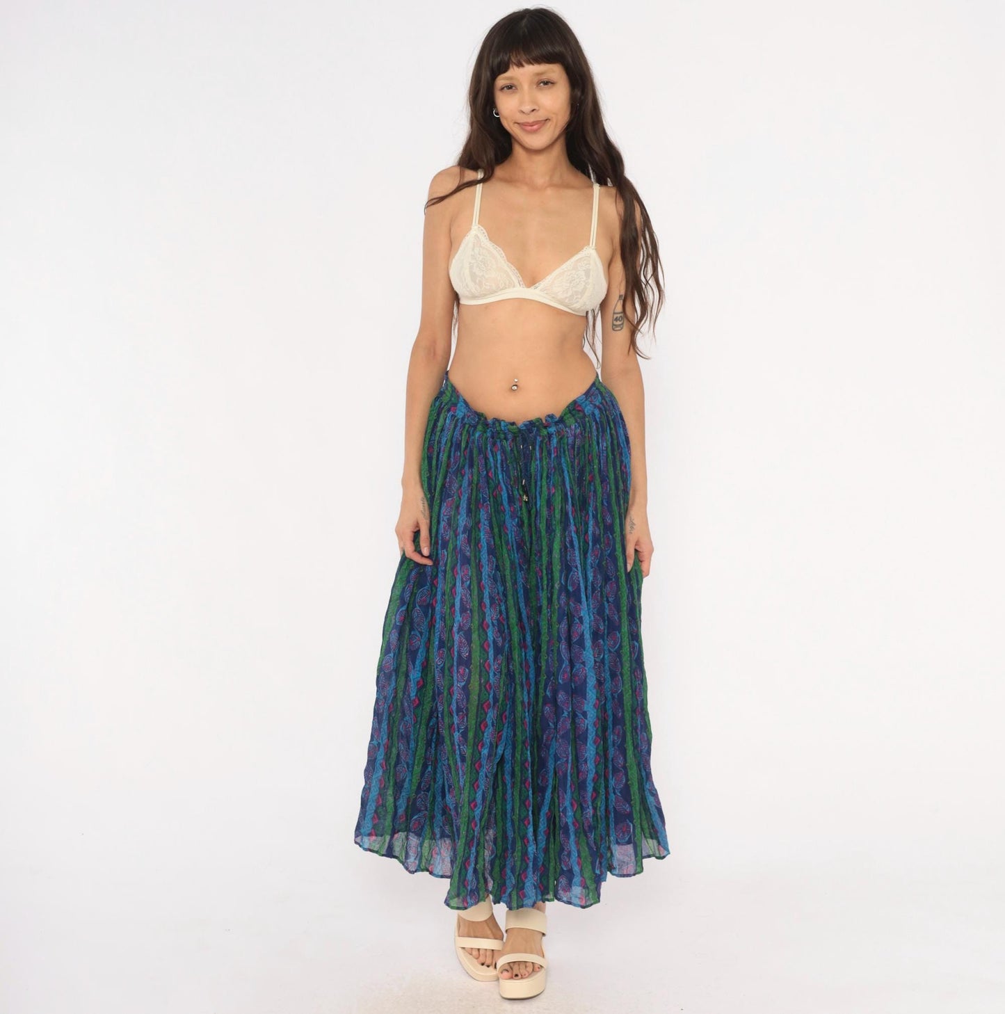 90s Via Max Broomstick Maxi Skirt Crushed Gauze Leaf Print Navy Multicolor Large L