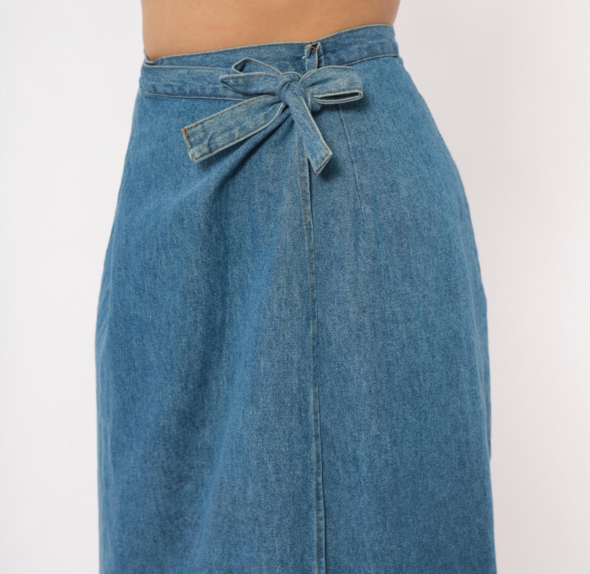 90s Founded 1989 Denim Wrap Skirt Midi Blue Chambray Cotton Extra Small