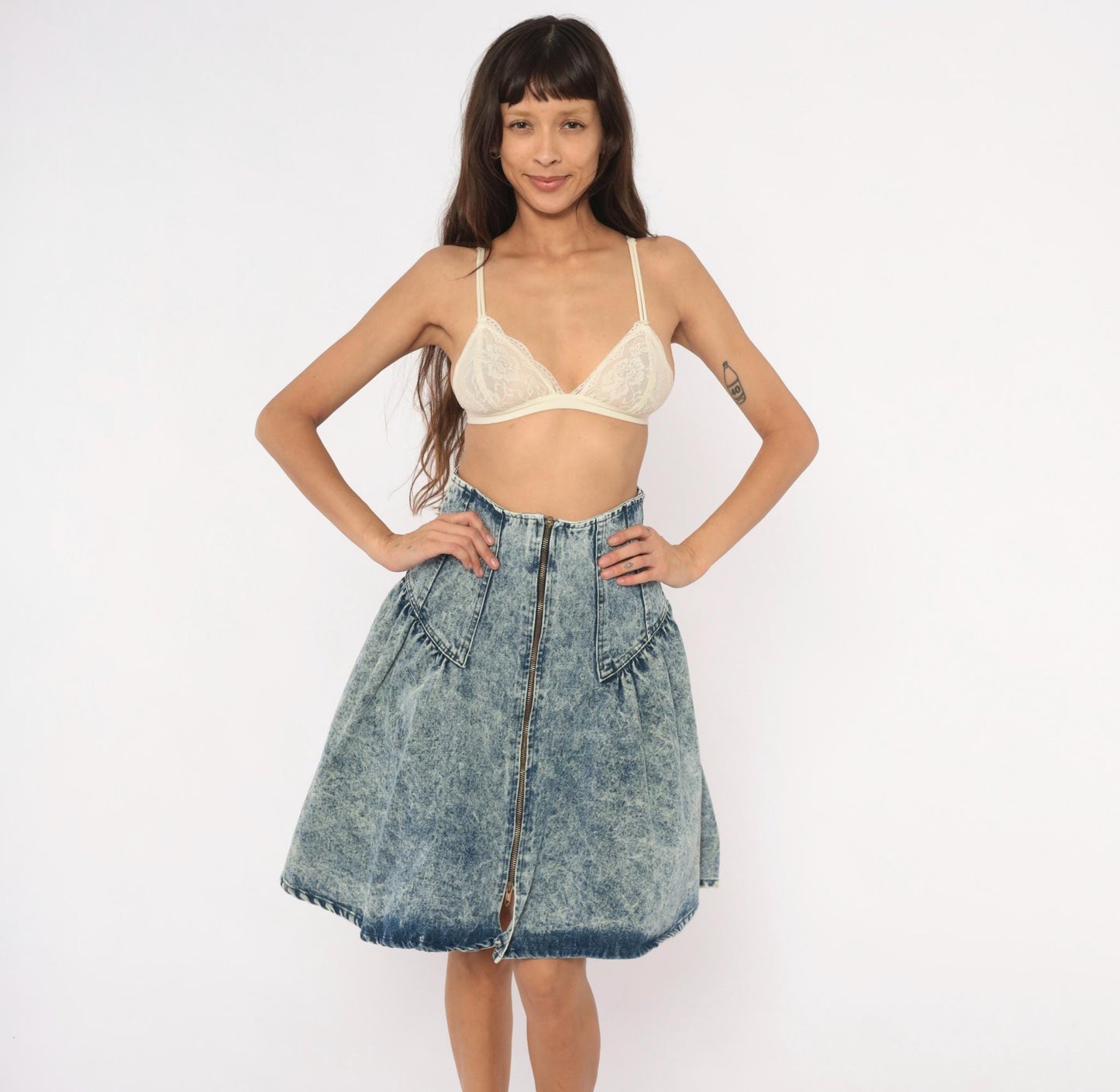 90s Weathered Blues Acid Wash Denim Skirt High Waist A-Line Small S