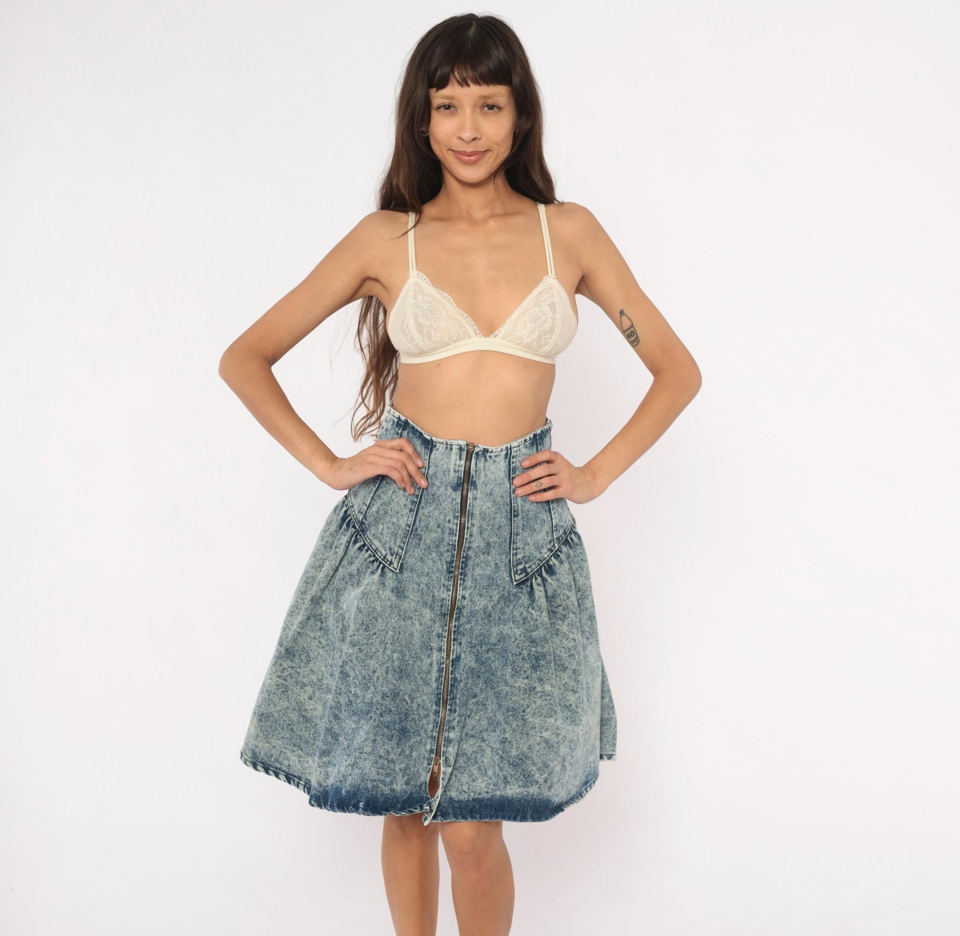 90s Weathered Blues Acid Wash Denim Skirt High Waist A-Line Small S