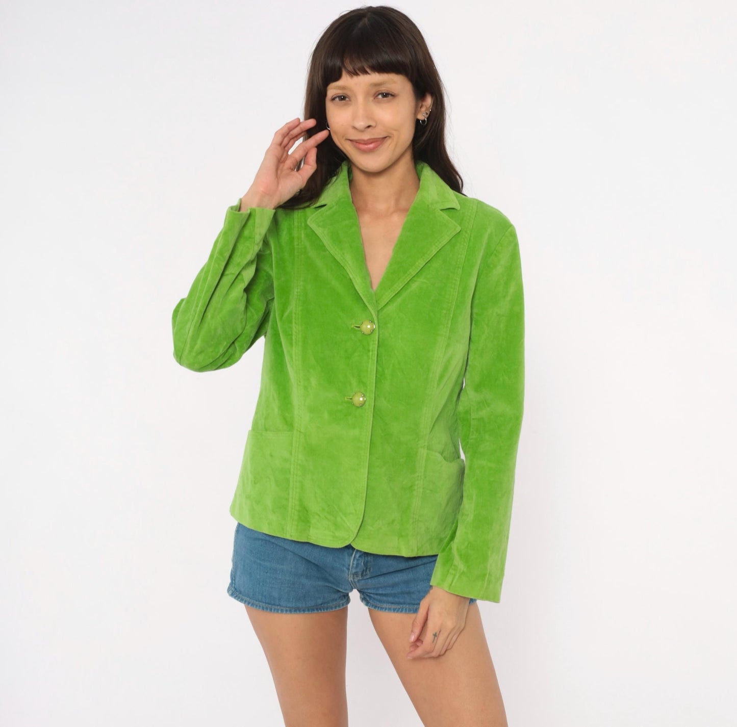 2000s RQT Lime Green Velvet Blazer Cotton Fitted Two-Button Jacket Large L