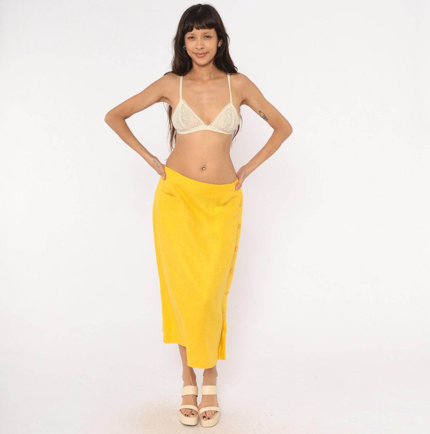 80s Ta. Whitney Linen Midi Skirt Golden Yellow A-Line Large L