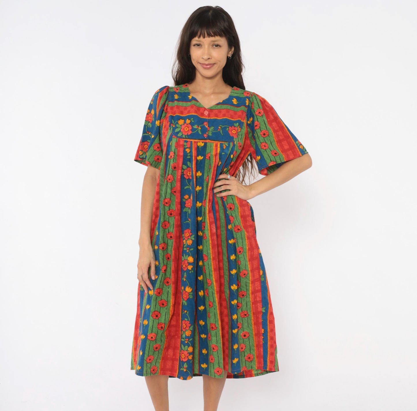 90s Floral Striped Cotton Empire Waist Dress Puff Sleeve Red Blue Green Medium