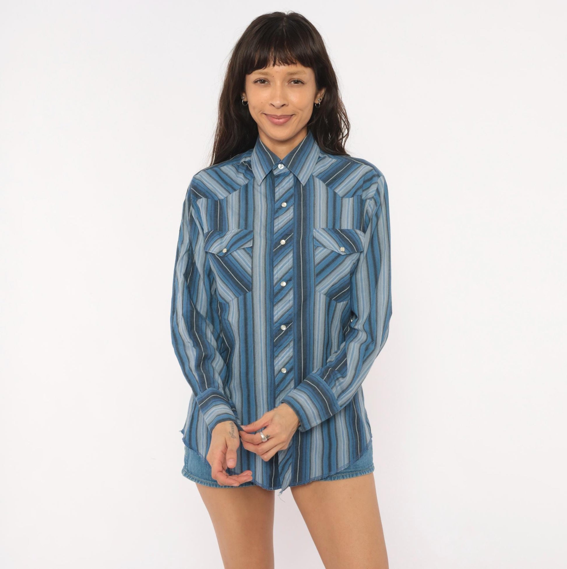 90s Wrangler Western Shirt Blue Striped Pearl Snap Pointed Collar Small S