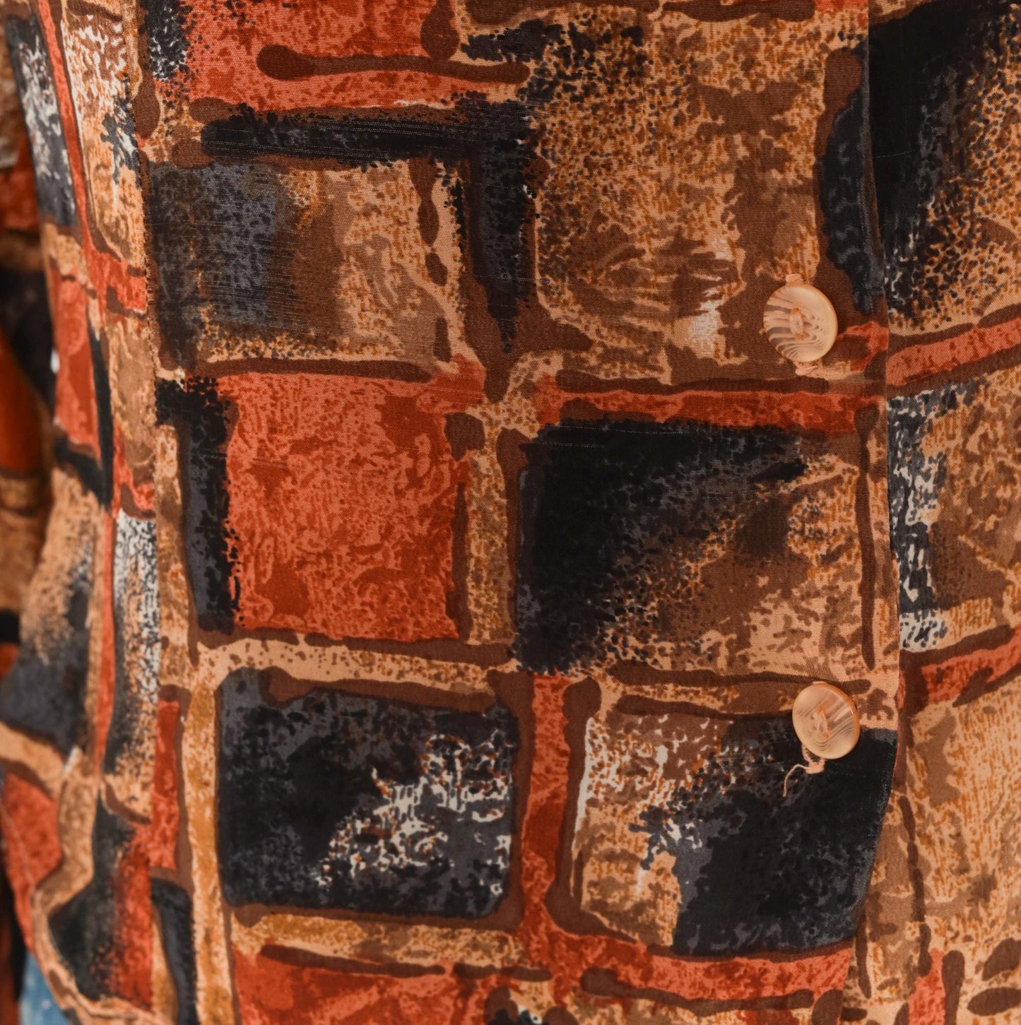 90s Quo-Silk Abstract Geometric Silk Blouse Cropped Rust Tan Small S